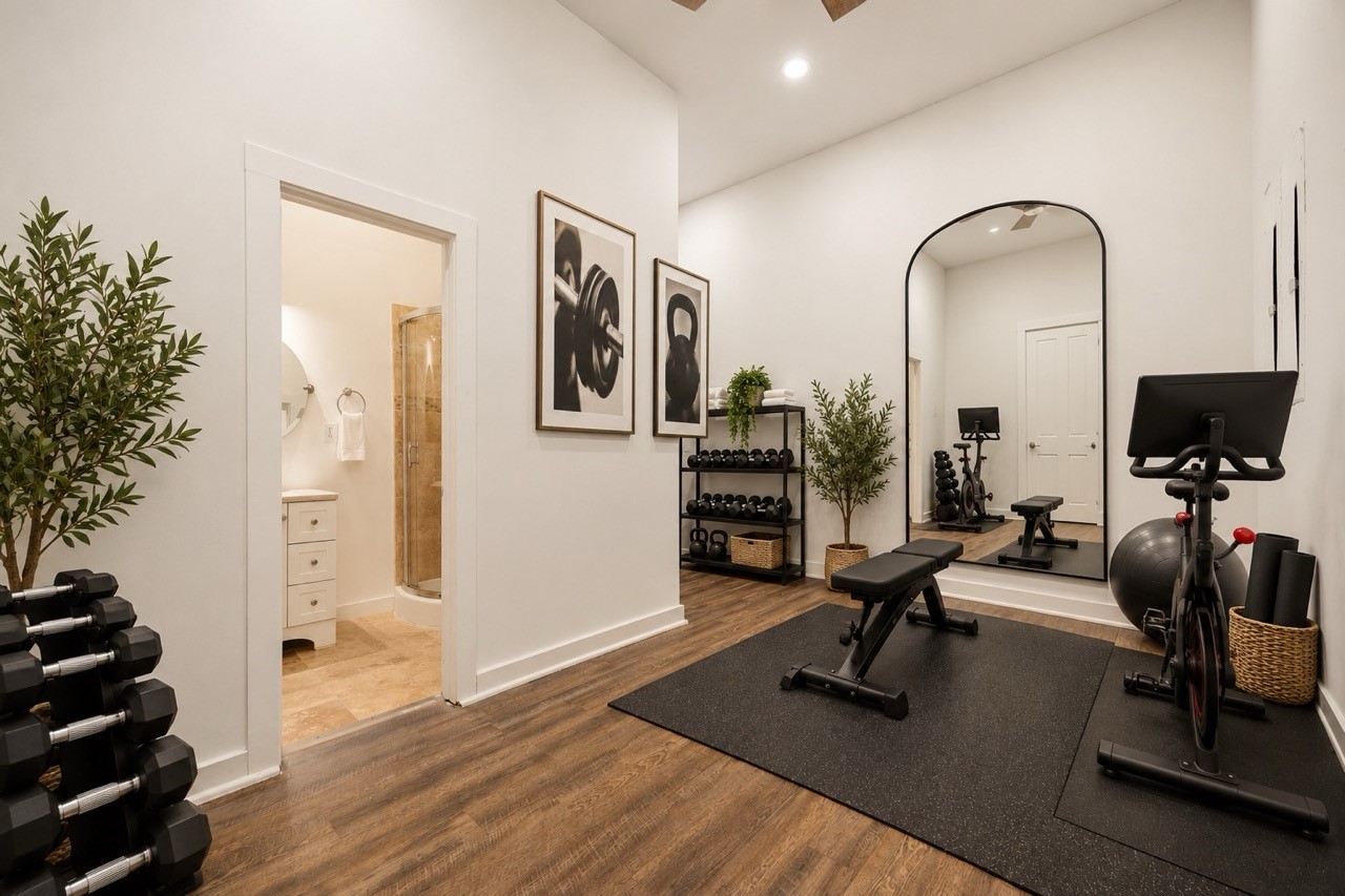 You will appreciate this versatile private room just off the garage, complete with its own full bathroom! Whether you envision a home gym, additional bedroom, or a second private study, this flexible space is ready to fit your lifestyle. *Virtually Staged