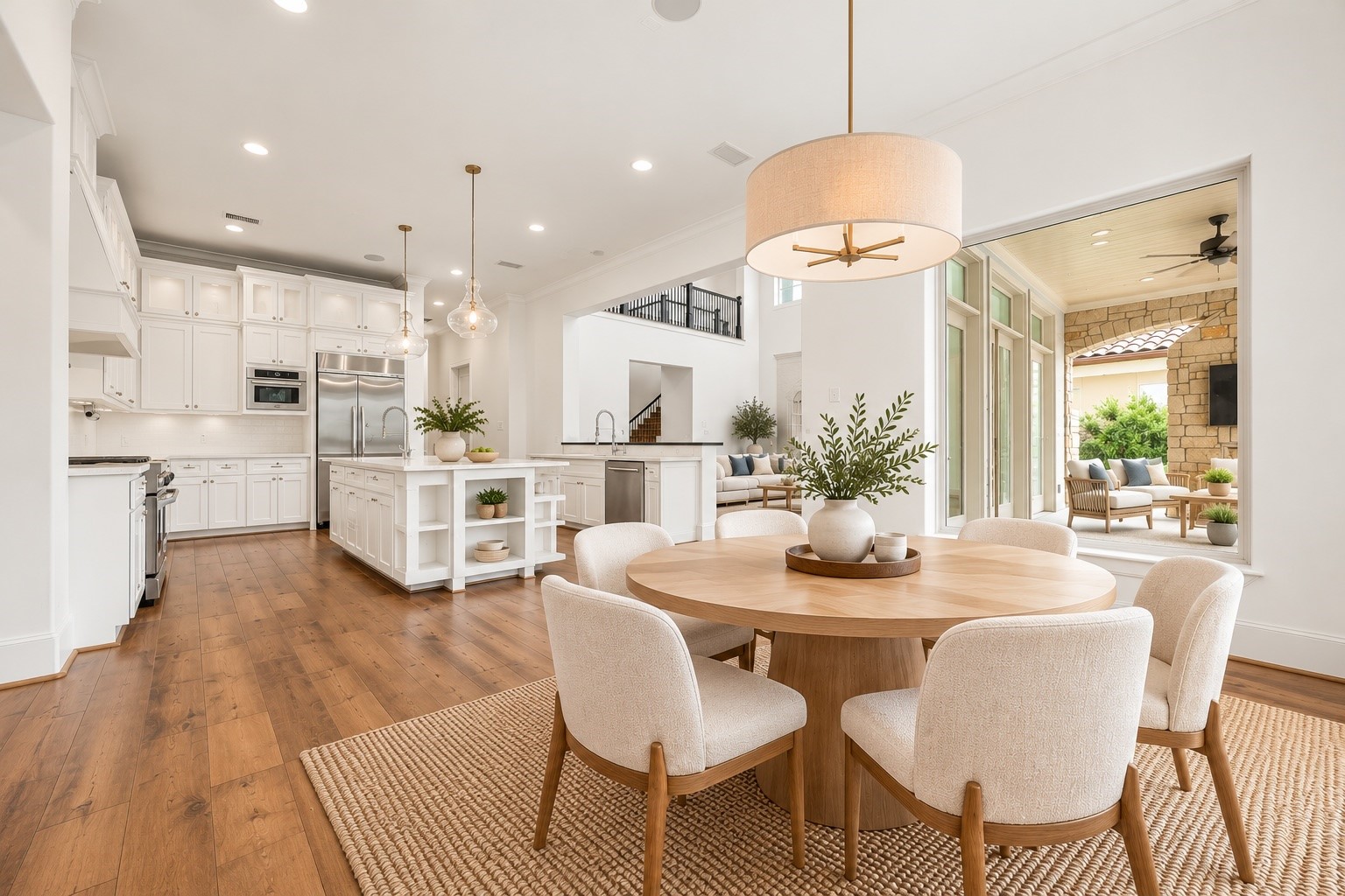 Imagine starting your mornings with coffee in this charming breakfast area, where natural light, warm wood flooring, and an open layout create a bright and inviting atmosphere! Conveniently situated beside the chef inspired kitchen, this lovely dining space also offers beautiful views of the covered outdoor living area, making everyday meals feel a little more special. *Virtually Staged