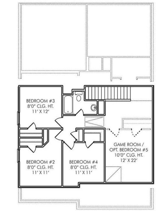 Upstairs layout showing three secondary bedrooms, a full bathroom, and the game room. Refer to the plan for approximate dimensions.