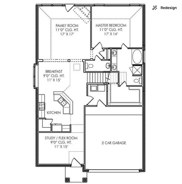 First-floor layout showing the primary suite, study, family room, kitchen, dining area, and attached garage. Refer to the plan for approximate dimensions.