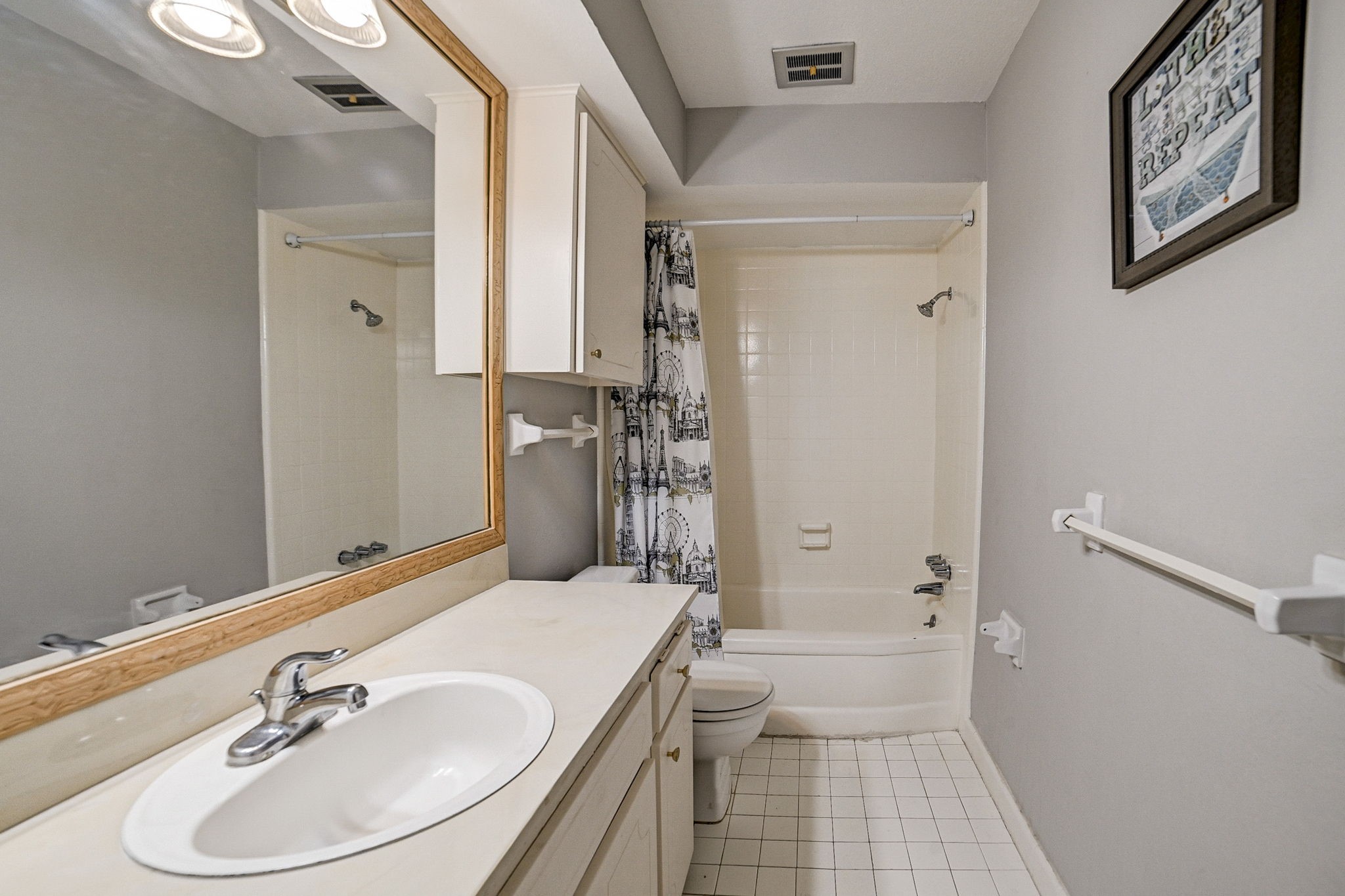 Charming bathroom with a large mirror, sleek countertop, and a shower-tub combo featuring a decorative curtain. Neutral tones create a calming atmosphere.