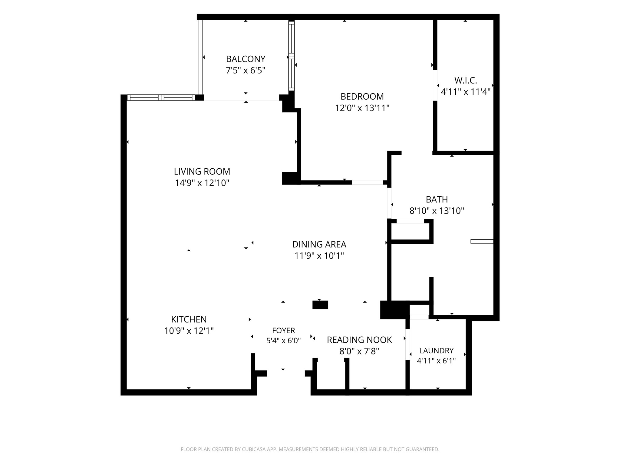 965 SF floor plan featuring a spacious living area, dedicated built-in workspace, in-unit laundry, walk-in closet and covered balcony. Measurements are approximate.
