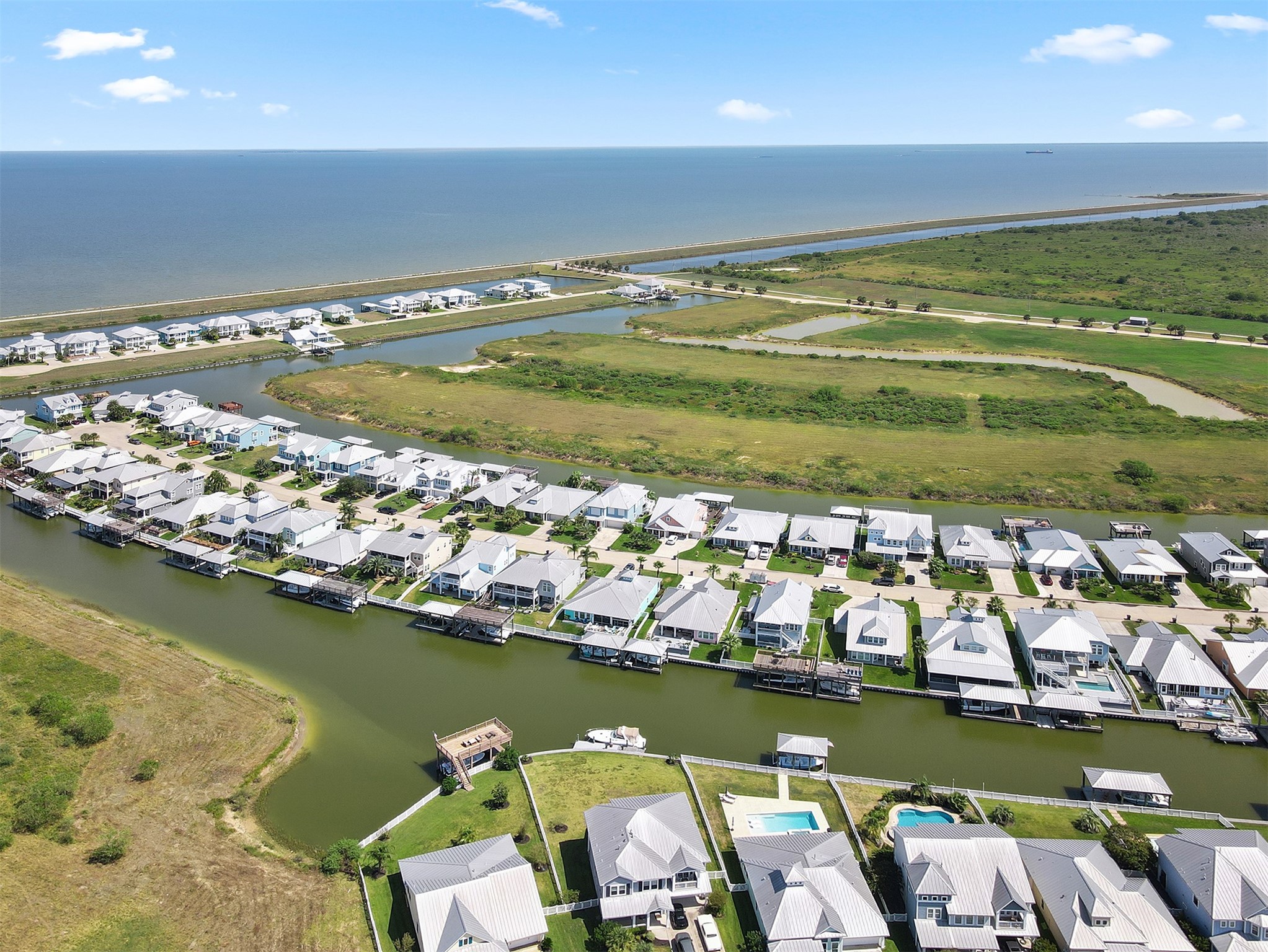 Aerial view. Galveston Bay in the background
