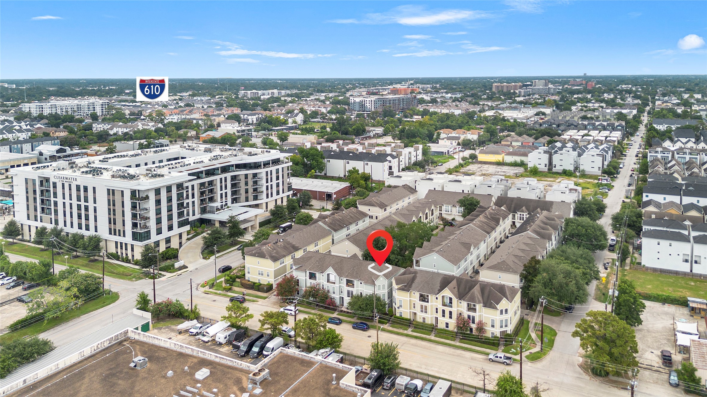 Another aerial perspective highlighting the homes proximity to nearby dining, entertainment, and neighborhood favorites throughout the Greater Heights area.