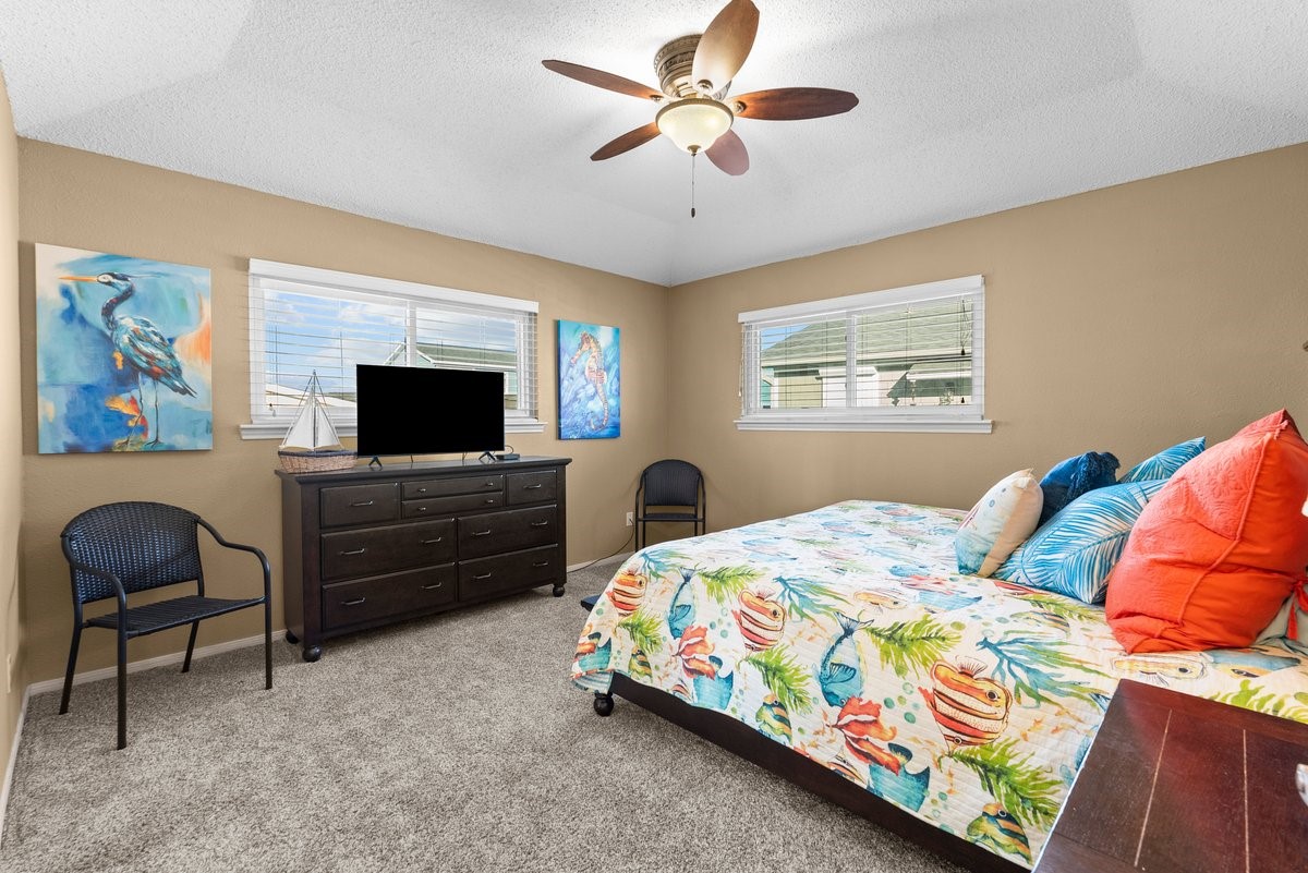 This cozy bedroom features a ceiling fan, large windows for natural light, and carpeted flooring creating a bright and inviting space.