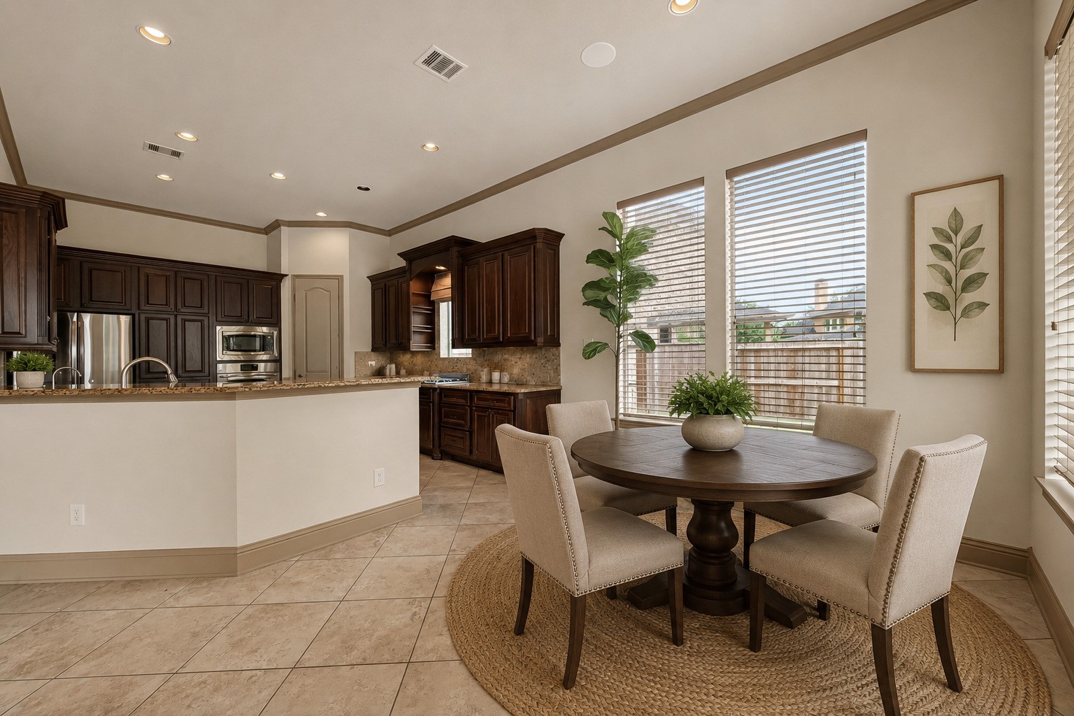 Situated just off the kitchen, the breakfast area is bathed in natural light from large windows overlooking the backyard. This bright and inviting nook is perfect for enjoying casual meals while staying connected with the heart of the home. Please note, this photo has been virtually staged.