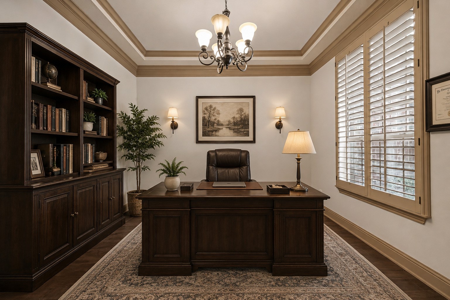 From this angle, the home office reveals its generous proportions and thoughtful design. Plantation shutters on the window allow you to control natural light throughout the day, while wall sconces add ambient lighting for a warm and polished atmosphere. The tray ceiling with crown molding continues the home's elevated architectural details. Whether you envision this space as a professional office, a study, or a creative retreat, it offers the flexibility and comfort to suit your needs. Virtually staged