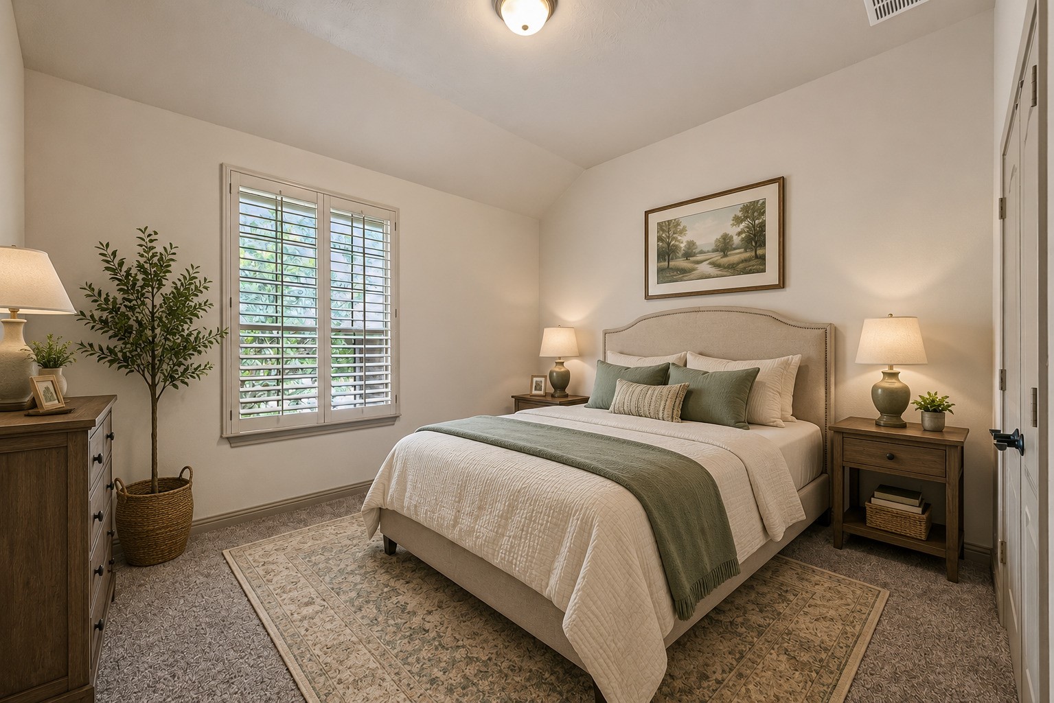 A cozy secondary bedroom with plantation shutters that filter in natural light and views of the lush greenery outside. Plush carpeting adds warmth underfoot, and the neutral tones offer a blank canvas for personalization. Please note, this photo has been virtually staged.