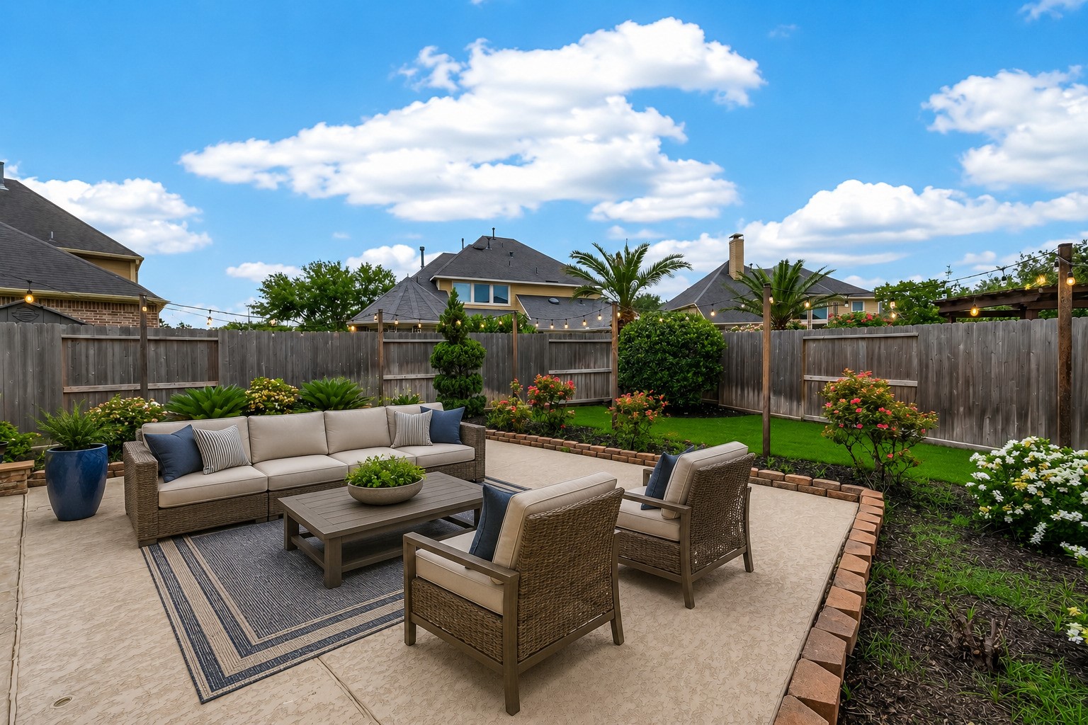 he beautifully landscaped backyard features a paved patio area with string lights, creating an inviting atmosphere for outdoor entertaining. Brick bordered flower beds are filled with blooming plants and tropical greenery, while a lush grassy area adds charm. The fully fenced yard offers privacy and security, making it perfect for gatherings with loved ones.