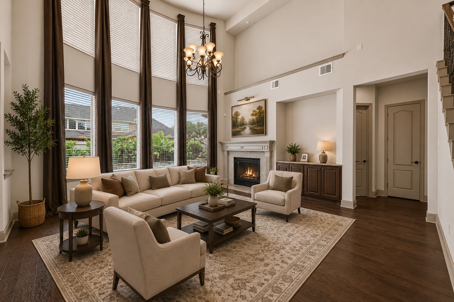 From this angle, the gas fireplace anchors the space with warmth and charm, complemented by a built-in cabinet for storage and display. Floor to ceiling windows with elegant drapery panels allow natural light to cascade throughout the room. The staircase with wrought iron balusters adds architectural interest, while the open layout offers a seamless flow to the hallway and additional rooms beyond. Please note, this photo has been virtually staged.