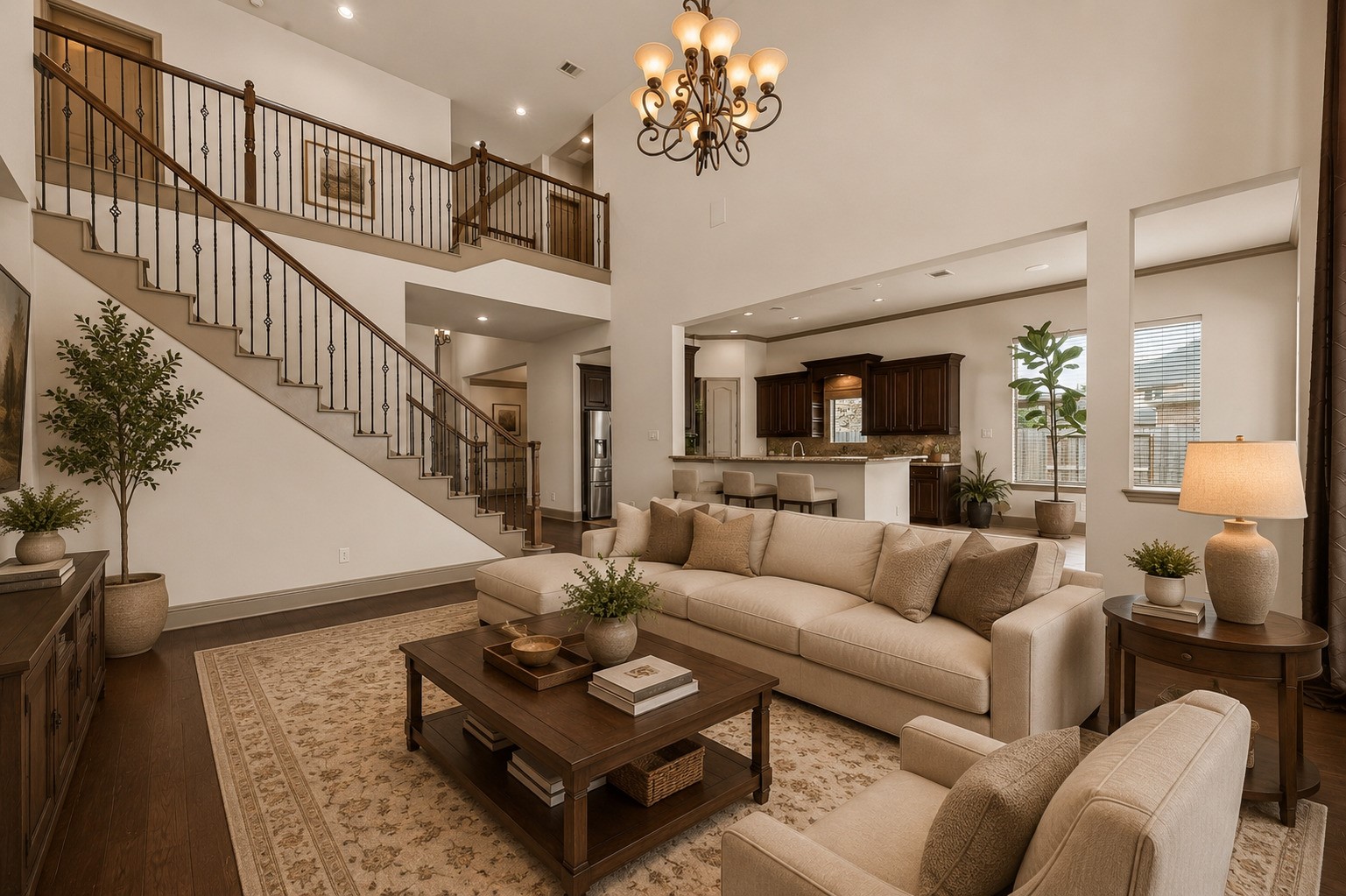 This perspective showcases the heart of the home, where the living room opens to the kitchen featuring rich wood cabinetry, a stone backsplash, and a breakfast bar. The elegant staircase with decorative wrought iron balusters gracefully leads to the second level and an open loft overlooking the living area. Soaring ceilings, a chandelier, and hardwood flooring create a space that is both inviting and functional. Please note, this photo has been virtually staged.