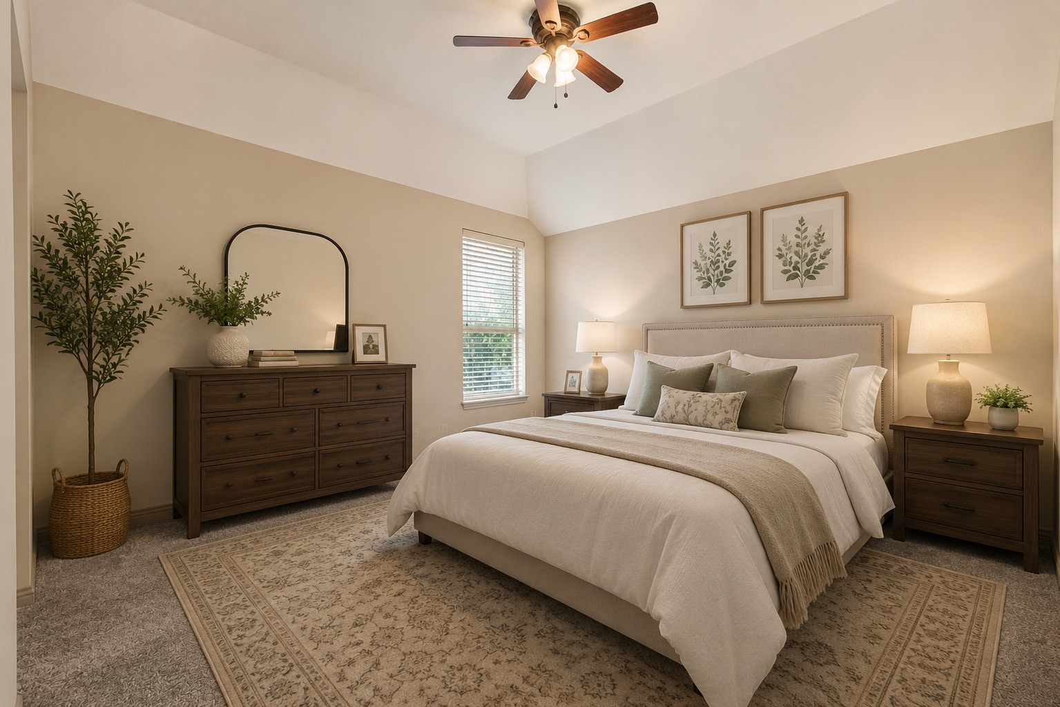 This well sized secondary bedroom features a vaulted ceiling, a ceiling fan for comfort, and plush carpeting throughout. Natural light streams in through the window, creating a bright and relaxing space ideal for rest or as a home office. Please note, this photo has been virtually staged.