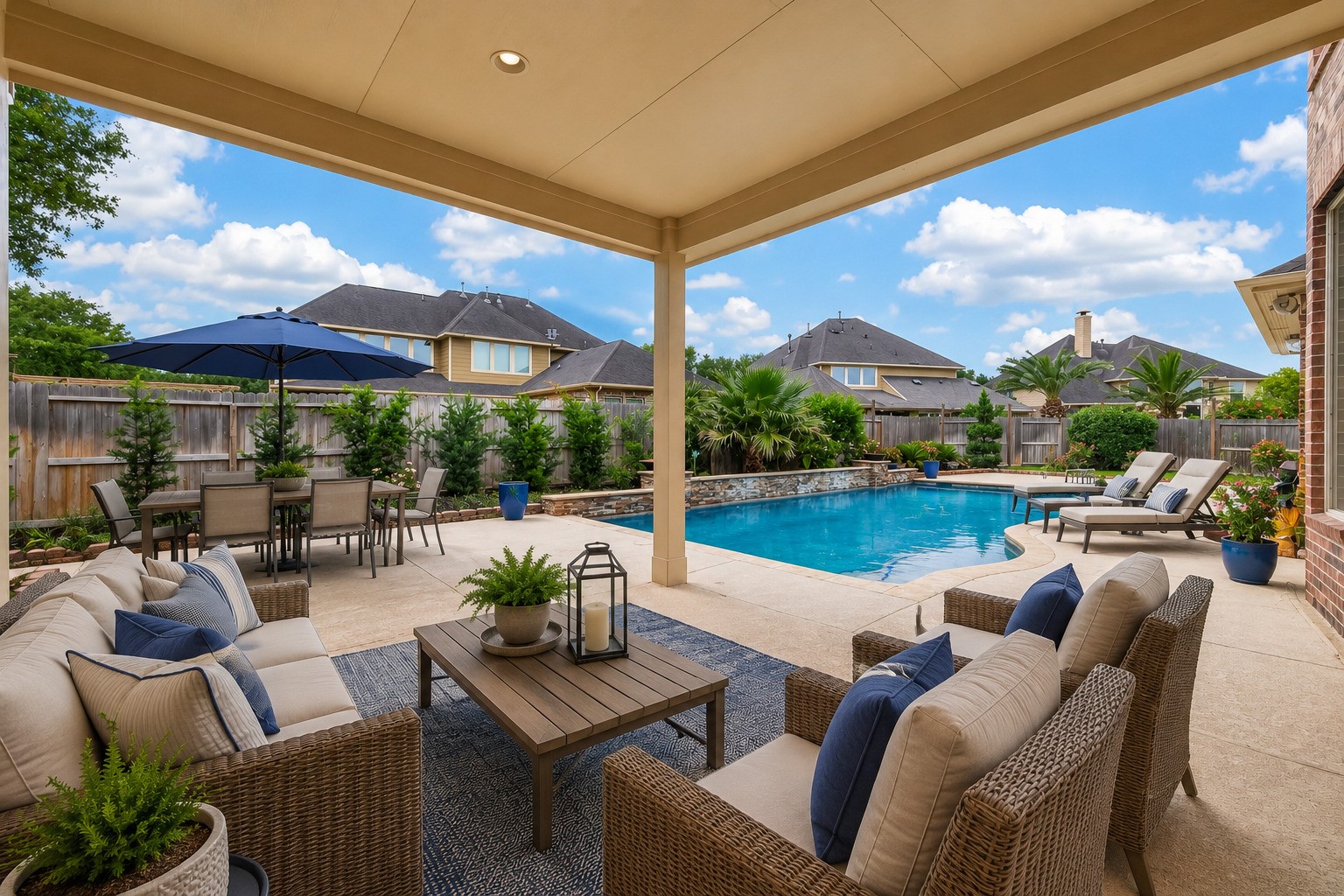 Step outside to a resort style backyard oasis featuring a sparkling pool with a stone accented spillover wall. The covered patio with recessed lighting offers a shaded lounging area, while the open patio provides space for dining al fresco. Lush landscaping, mature trees, and a fully fenced yard ensure privacy and a tropical feel. Please note, this photo has been virtually staged.