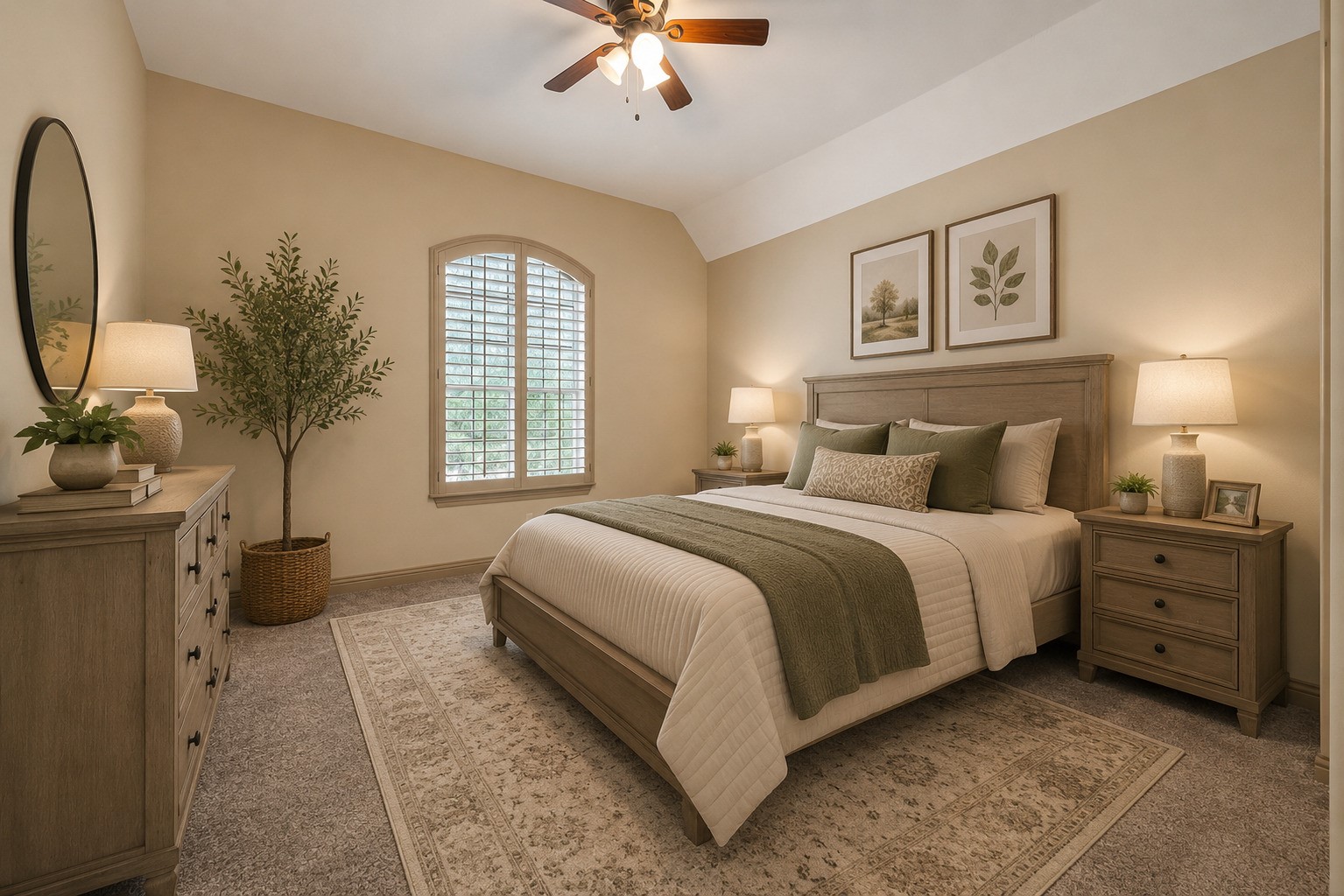 This spacious secondary bedroom features a vaulted ceiling, a ceiling fan, and plush carpeting for comfort. An arched window with plantation shutters allows natural light to fill the room while offering privacy. The warm neutral palette provides a serene retreat. Please note, this photo has been virtually staged.