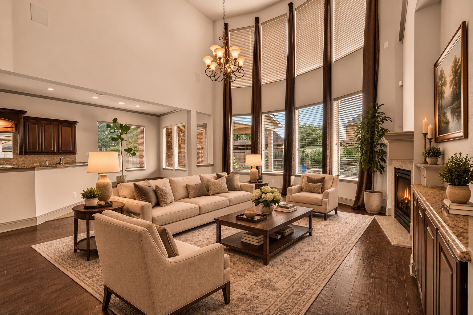 This remarkable living room features soaring two-story ceilings and a wall of oversized windows that flood the space with natural light. A gas fireplace with a stone surround serves as a cozy focal point, while the open layout seamlessly connects to the kitchen, making entertaining a breeze. Hardwood flooring and recessed lighting complete the warm, inviting aesthetic. Please note, this photo has been virtually staged.