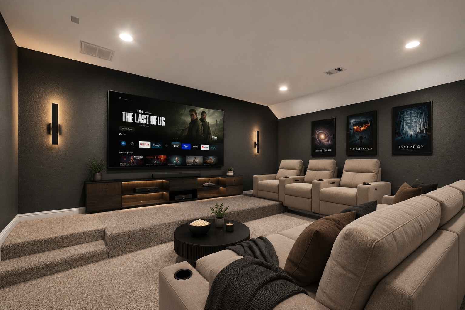 Virtually Stagged - Custom home theater room boasts tiered carpeted seating and dramatic dark walls, ready for the ultimate movie night experience!