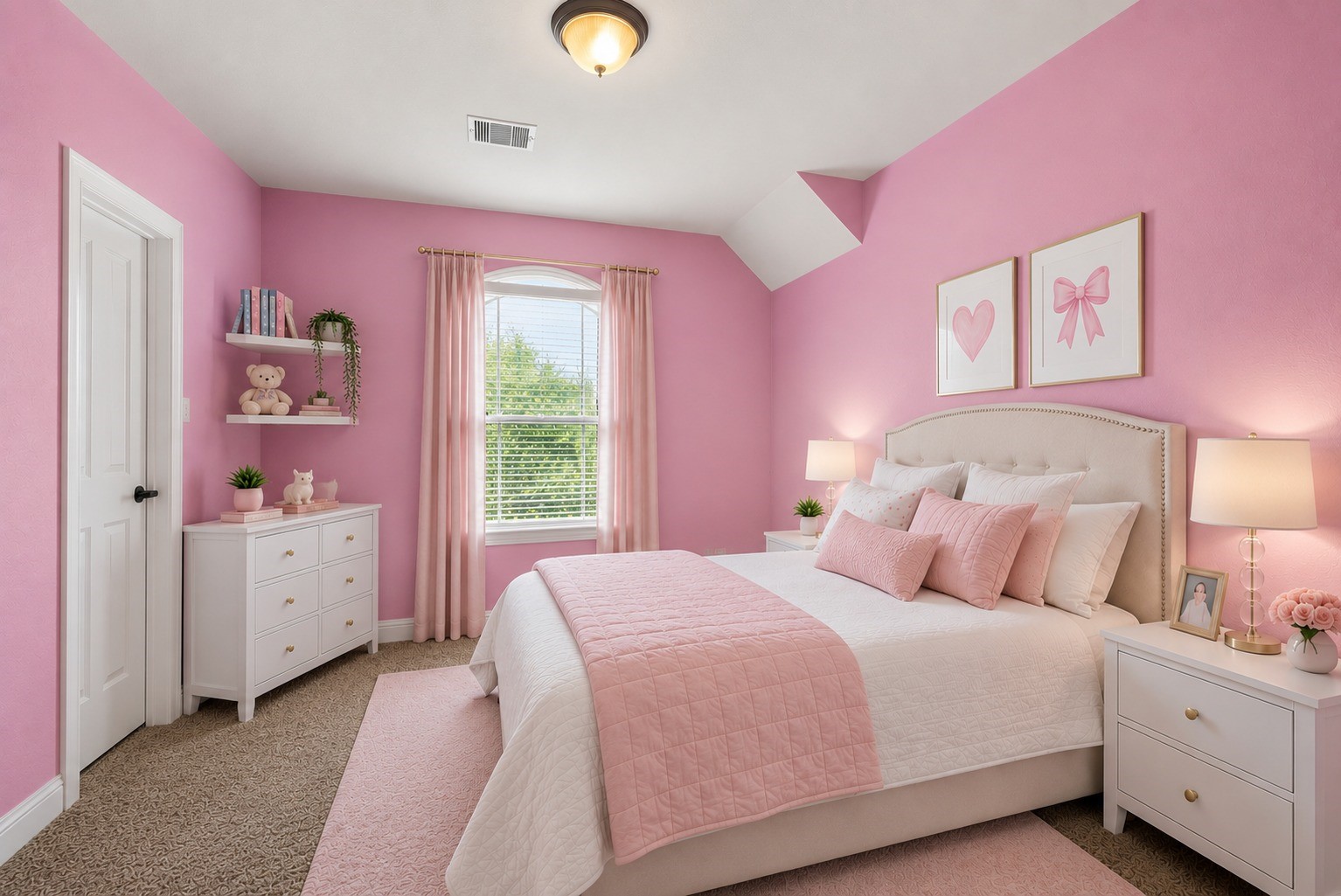 Virtually Stagged - Third bedroom features a charming arched window and vaulted ceiling, a delightful space full of personality and natural light!