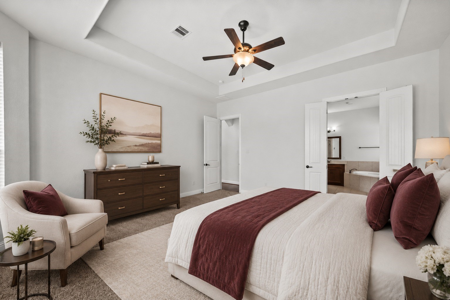 Virtually Stagged - Serene primary suite offers direct access to a spa-like ensuite bath with a soaking tub, the ideal blend of comfort and privacy!