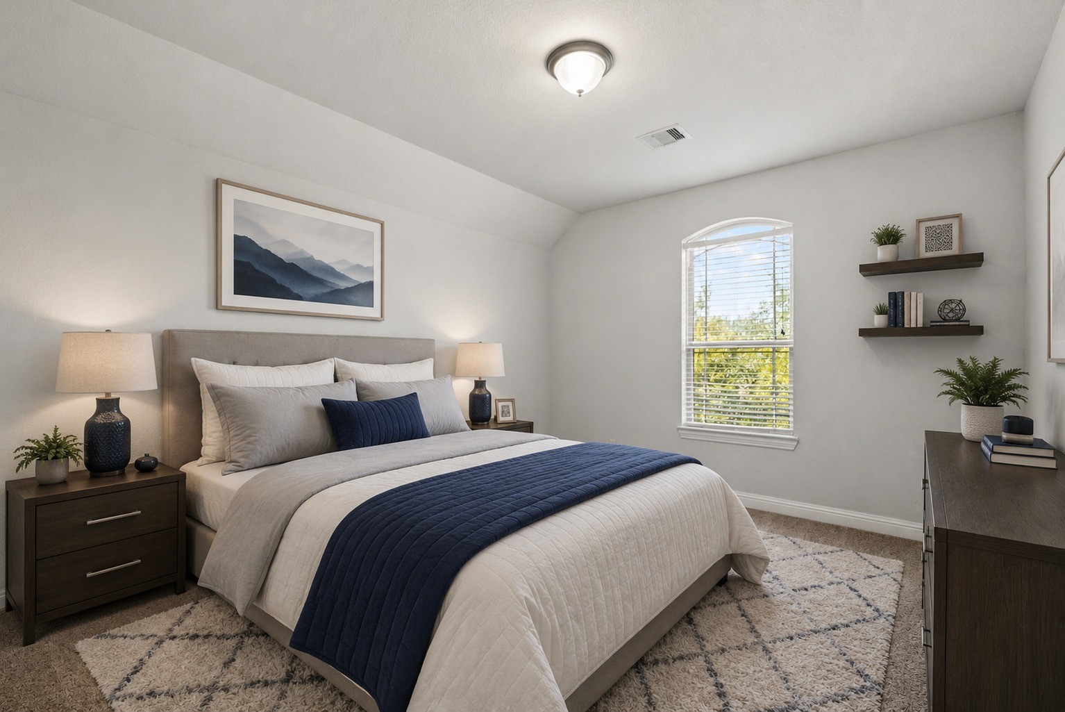 Virtually Stagged - Cozy secondary bedroom features a charming arched window and vaulted ceiling, a light-filled retreat with peaceful treetop views!