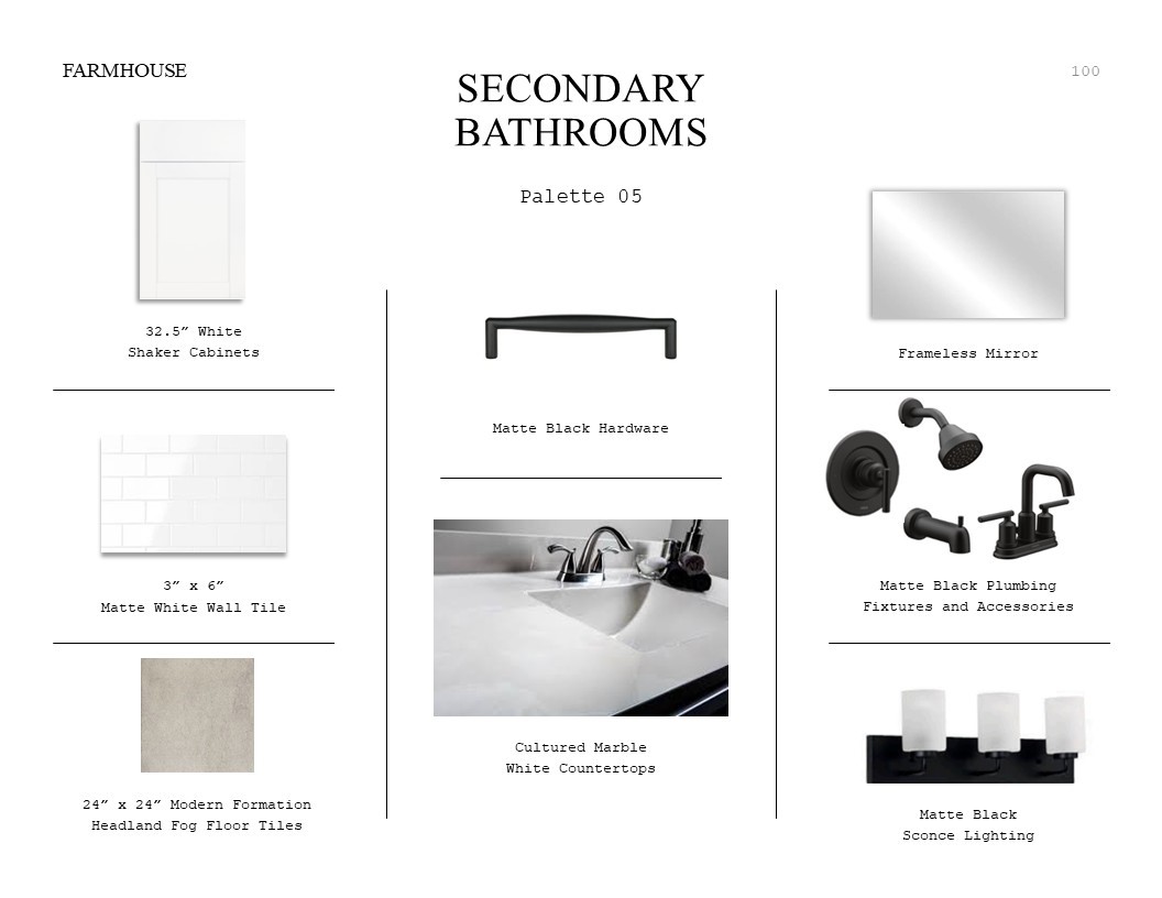Farmhouse Look Palette 5: Secondary Bathrooms Selection Sheet (*Artist rendering used for illustration purposes only.)