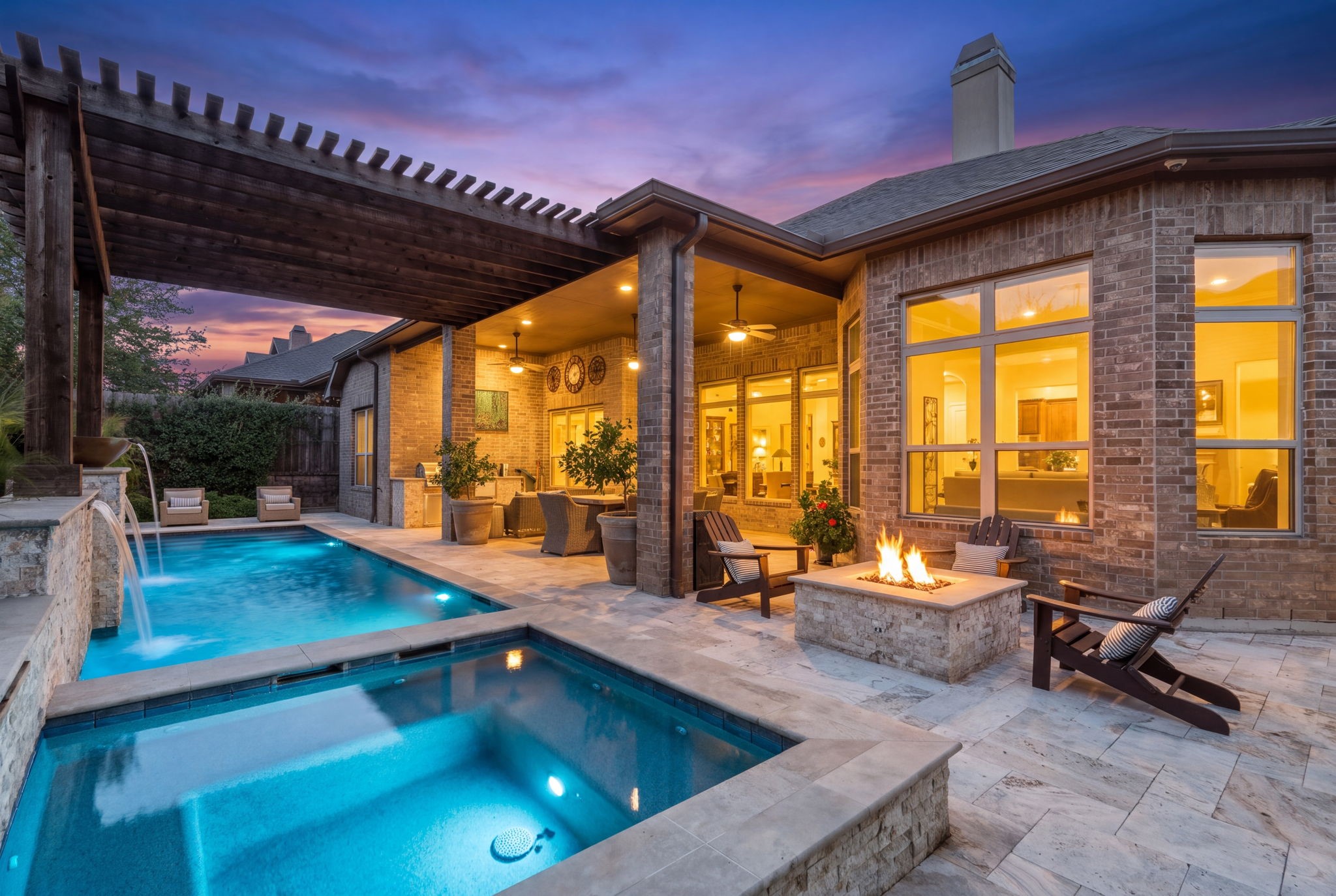 Beautifully illuminated outdoor living spaces create a welcoming setting for relaxing evenings and entertaining.