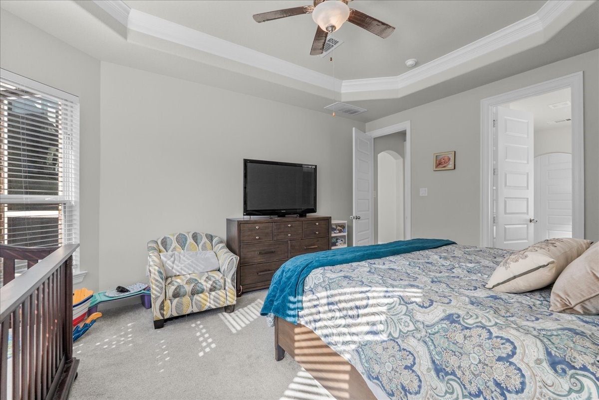 Primary room with vaulted ceilings