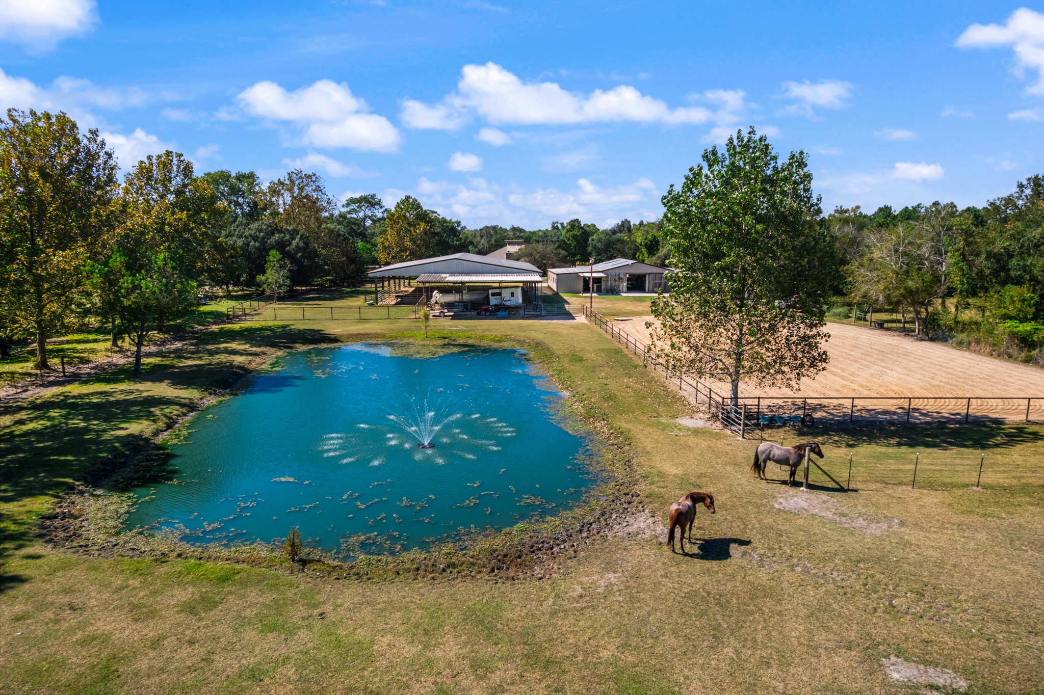 Beautiful aerial view showcasing the property's scenic pond with a fountain, mature shade trees, fenced horse pastures, and spacious equestrian facilities. Two horses graze near the pond, while the nearby riding arena and outbuildings highlight the property's appeal for horse enthusiasts. A picturesque setting that blends peaceful country living with an equestrian lifestyle.