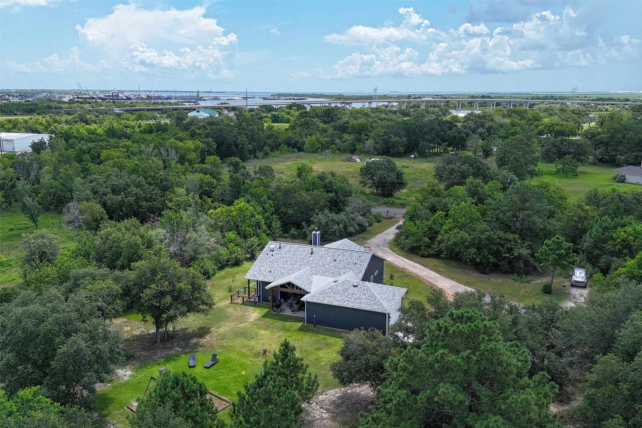 Overhead view of the back of home. Close to Galveston Bay!
