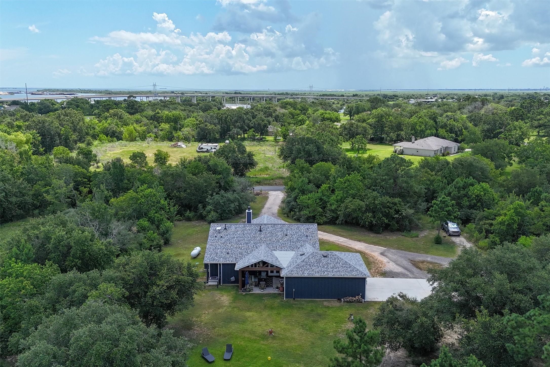Overhead view of the back of home. Close to Galveston Bay!