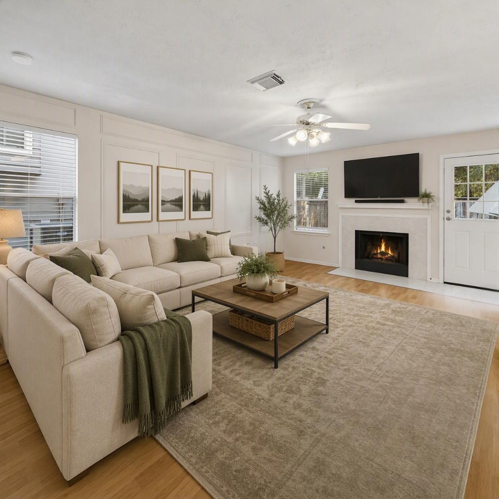 Virtually staged image of the potential layout for this family room.