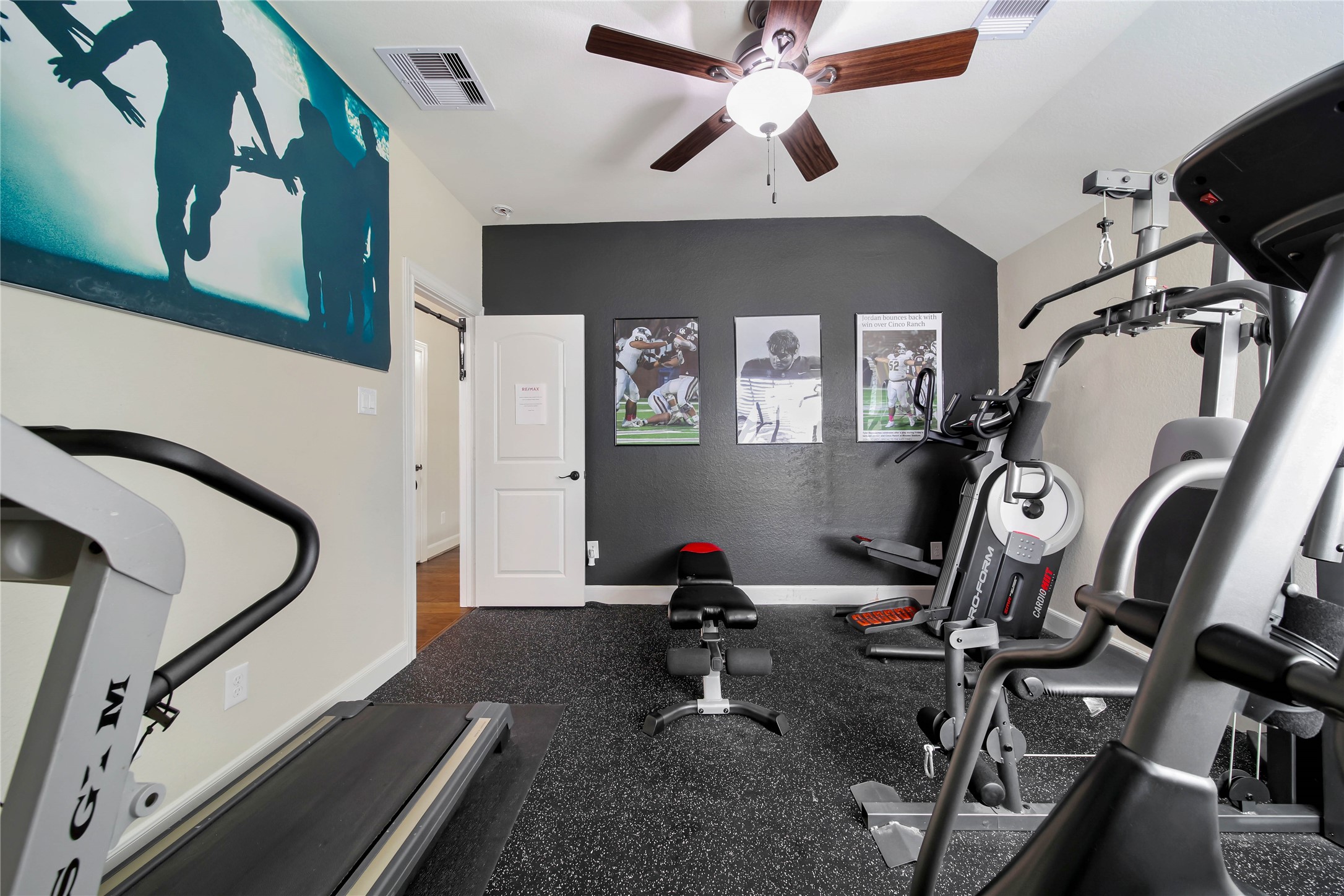 Bedroom #4 is currently being used as a workout room. If Buyer prefers, the flooring can be changed to the same patterned carpet that is in the other bedrooms.