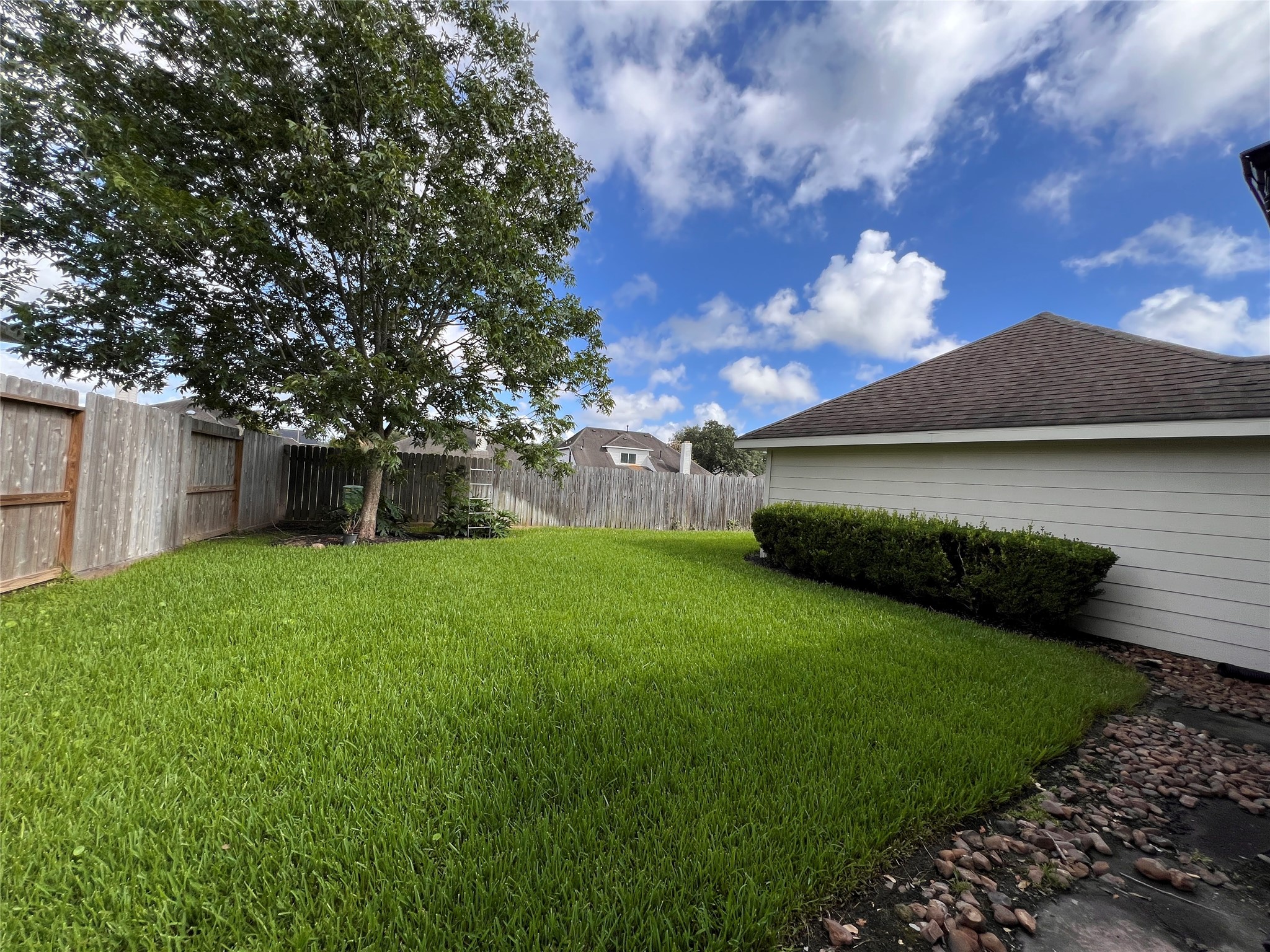 A serene backyard retreat features lush green grass, a majestic tree, and a charming fence, offering privacy and tranquility.