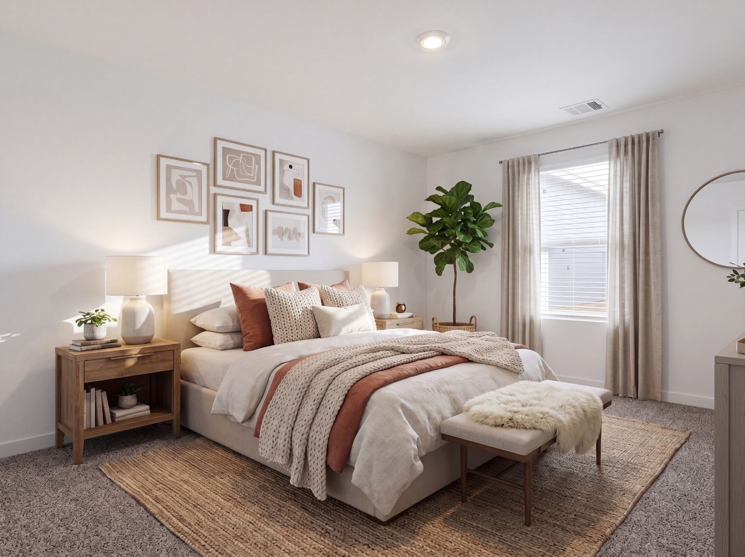 Carpeted primary bedroom with a large window, recessed lighting, and a bright, neutral palette. Roomy enough for a king-size layout.
This photo has been digitally staged to illustrate the possibilities of the home's aesthetic and potential design. Some furnishings and dcor shown are for visual inspiration.