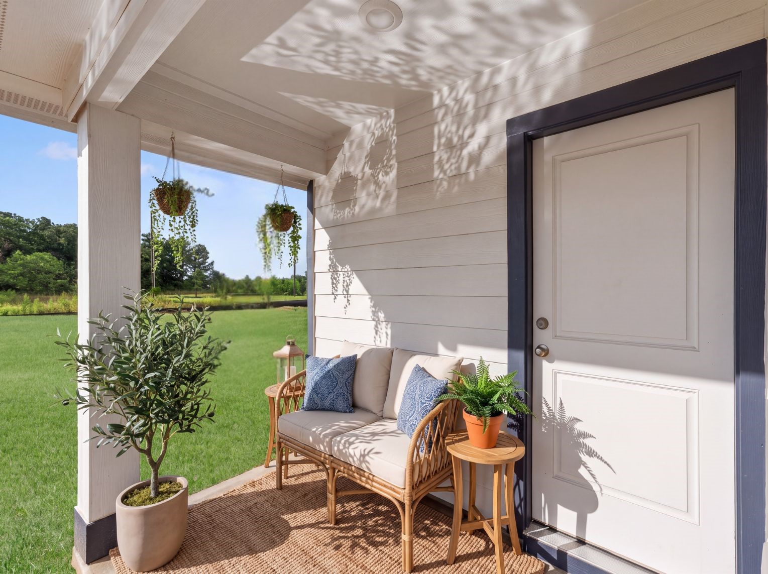 Covered porch with lap siding, navy trim, and open views of the grassy yard and mature trees beyond. A relaxed spot to sit outside.
This photo has been digitally staged to illustrate the possibilities of the home's aesthetic and potential design. Some furnishings and dcor shown are for visual inspiration.