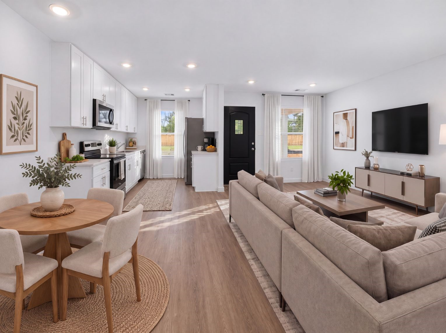 Open-concept layout connecting the living area, dining space, and kitchen. Wood-look flooring, recessed lighting, white cabinetry, and stainless steel appliances tie the space together.
This photo has been digitally staged to illustrate the possibilities of the home's aesthetic and potential design. Some furnishings and dcor shown are for visual inspiration.