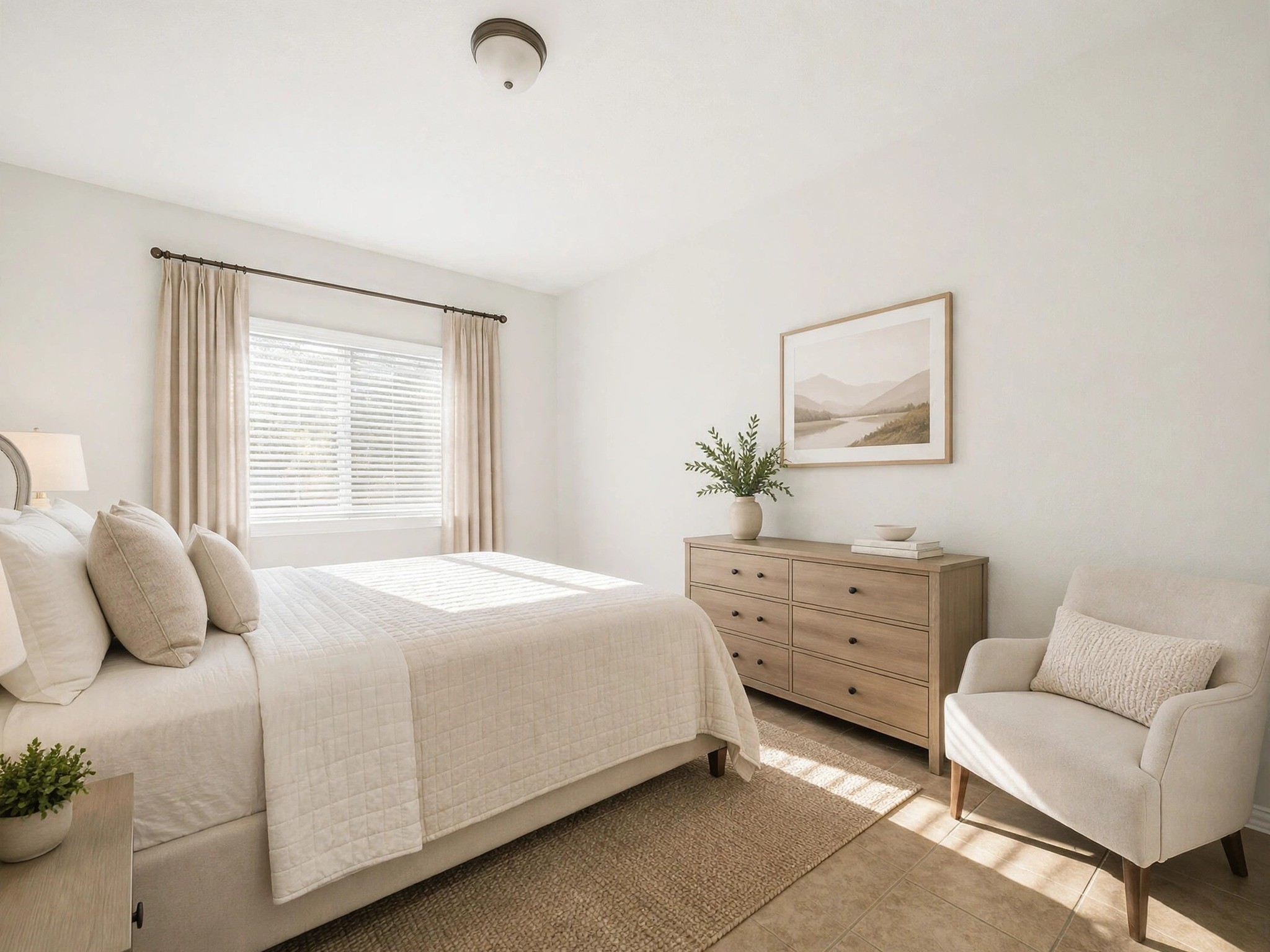 Furnished bedroom view offers inspiration for a comfortable retreat with room for seating and storage. (Virtually staged)