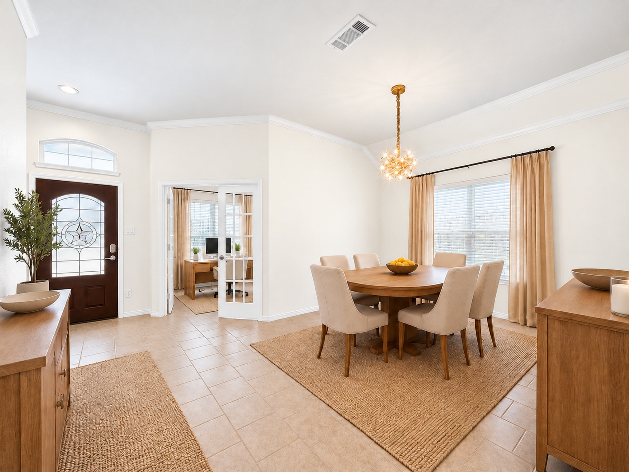 Virtually staged to illustrate the dining rooms layout and furnishing possibilities. Features include tile flooring, crown molding, a decorative chandelier, and a large window. French doors lead to an adjacent room. Virtually staged to illustrate the dining rooms layout and furnishing possibilities. Features include tile flooring, crown molding, a decorative chandelier, and a large window. French doors lead to an adjacent room.