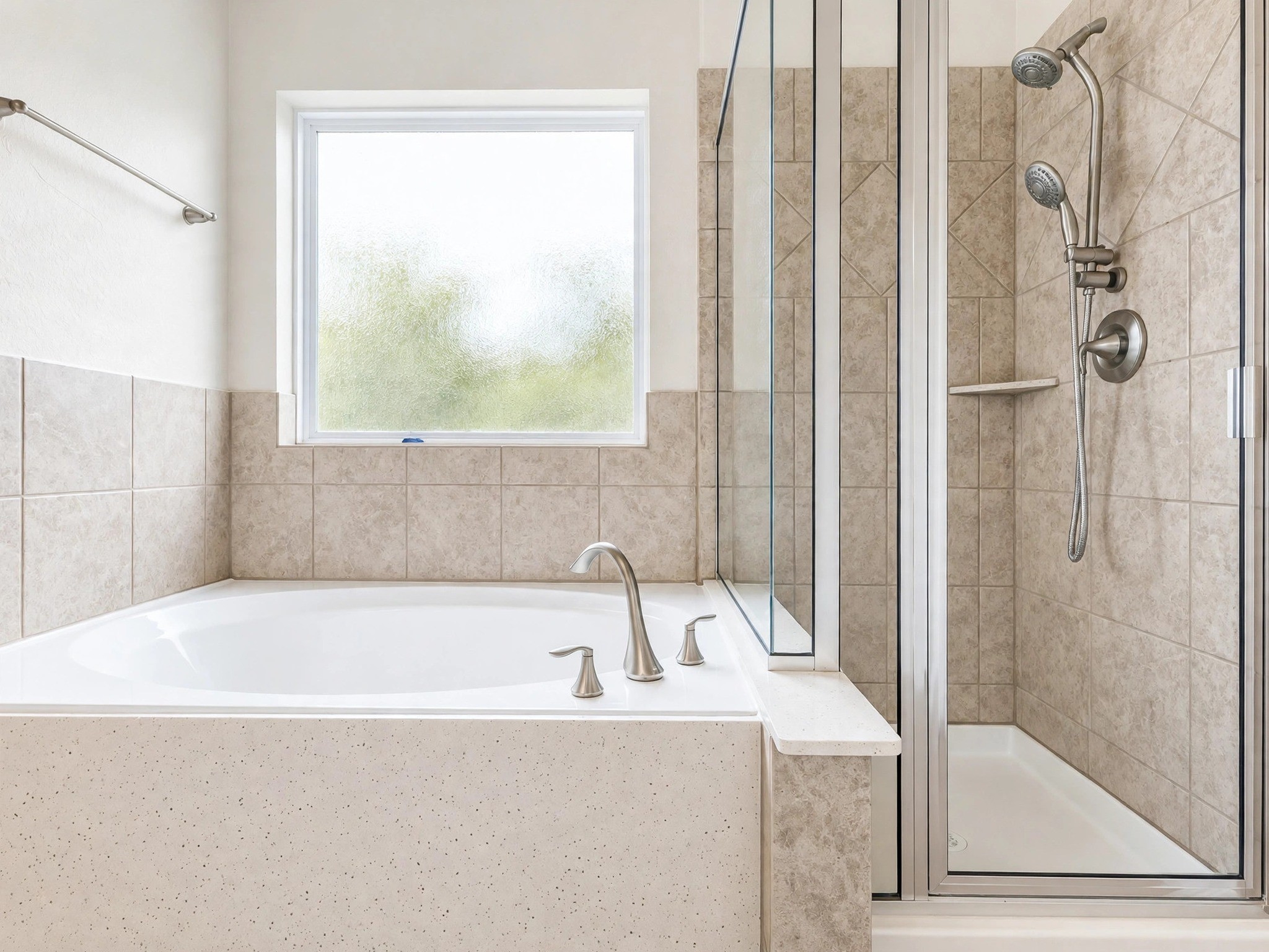 A soaking tub beneath a large window sits beside a separate glass-enclosed shower. A soaking tub beneath a large window sits beside a separate glass-enclosed shower.