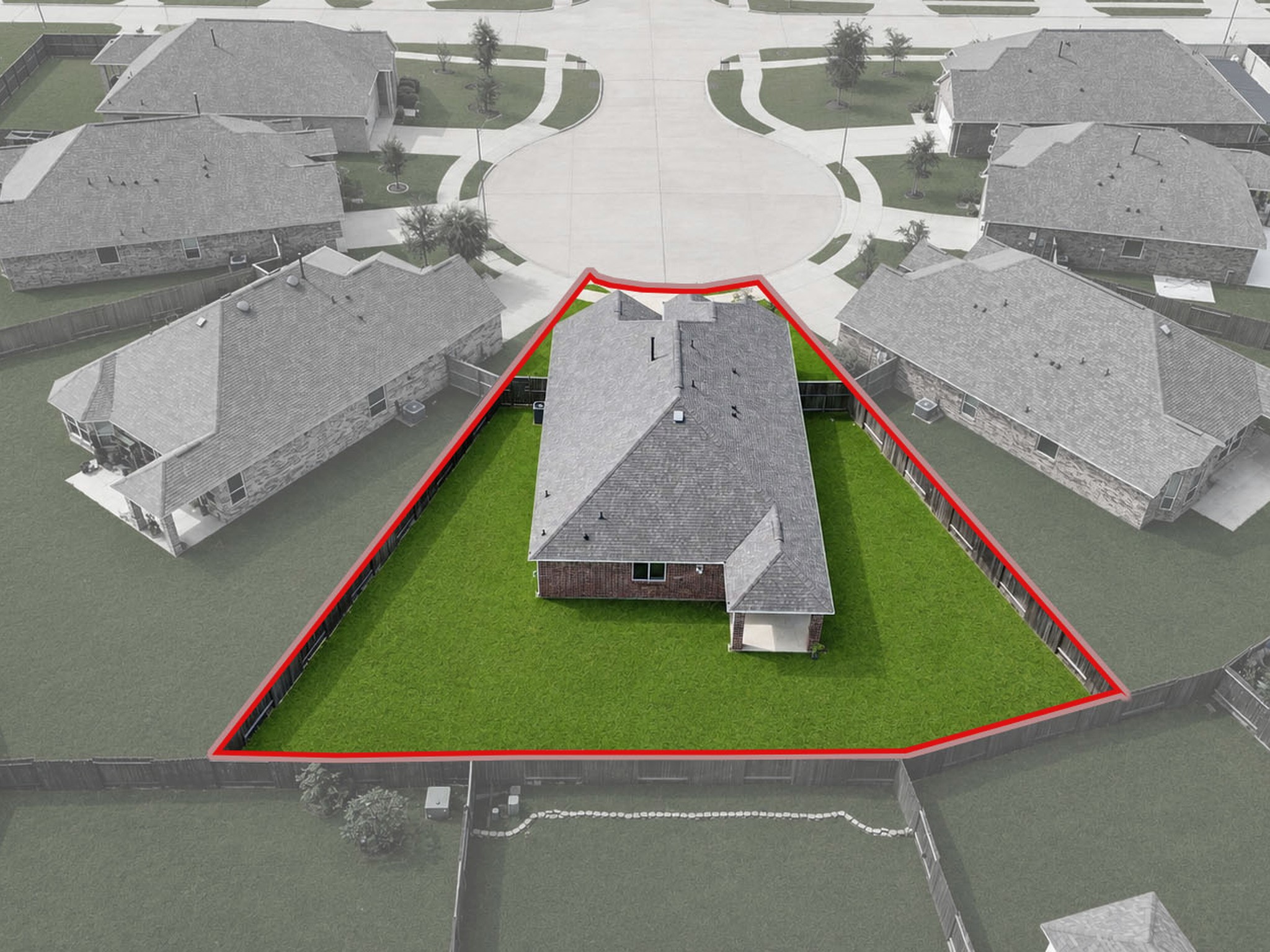 Rear aerial view showcases the backyard and lot layout. Highlighted boundaries are approximate and for illustration only.