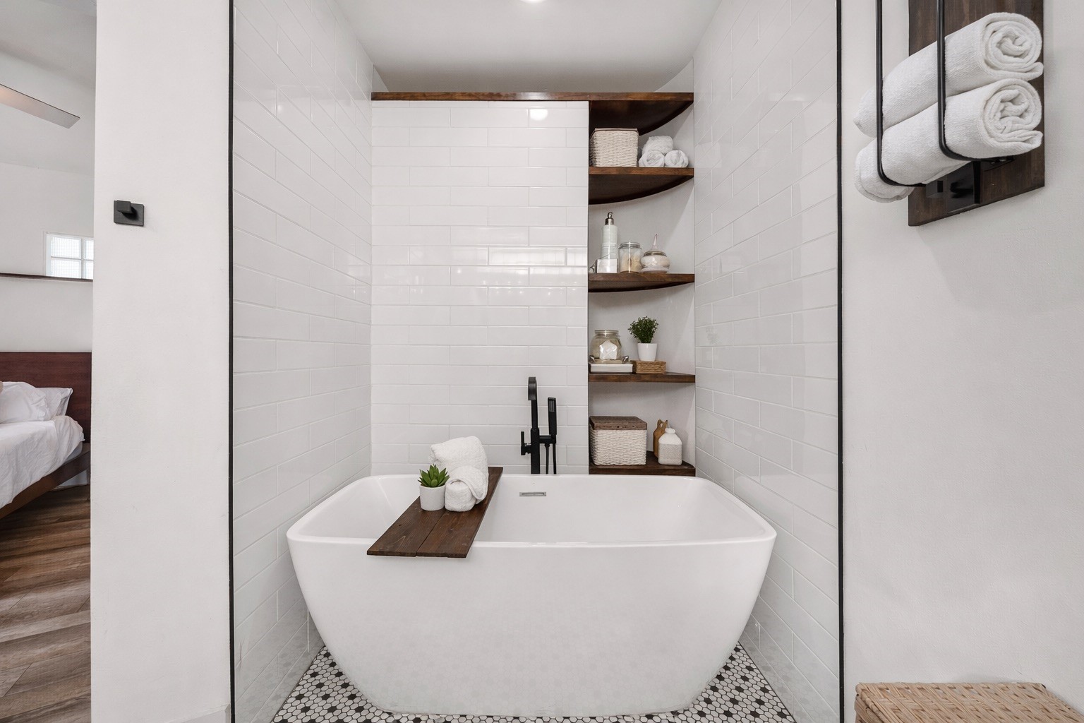 Discover your personal oasis with this serene soaking tub, offering a luxurious spa-like retreat right at home.