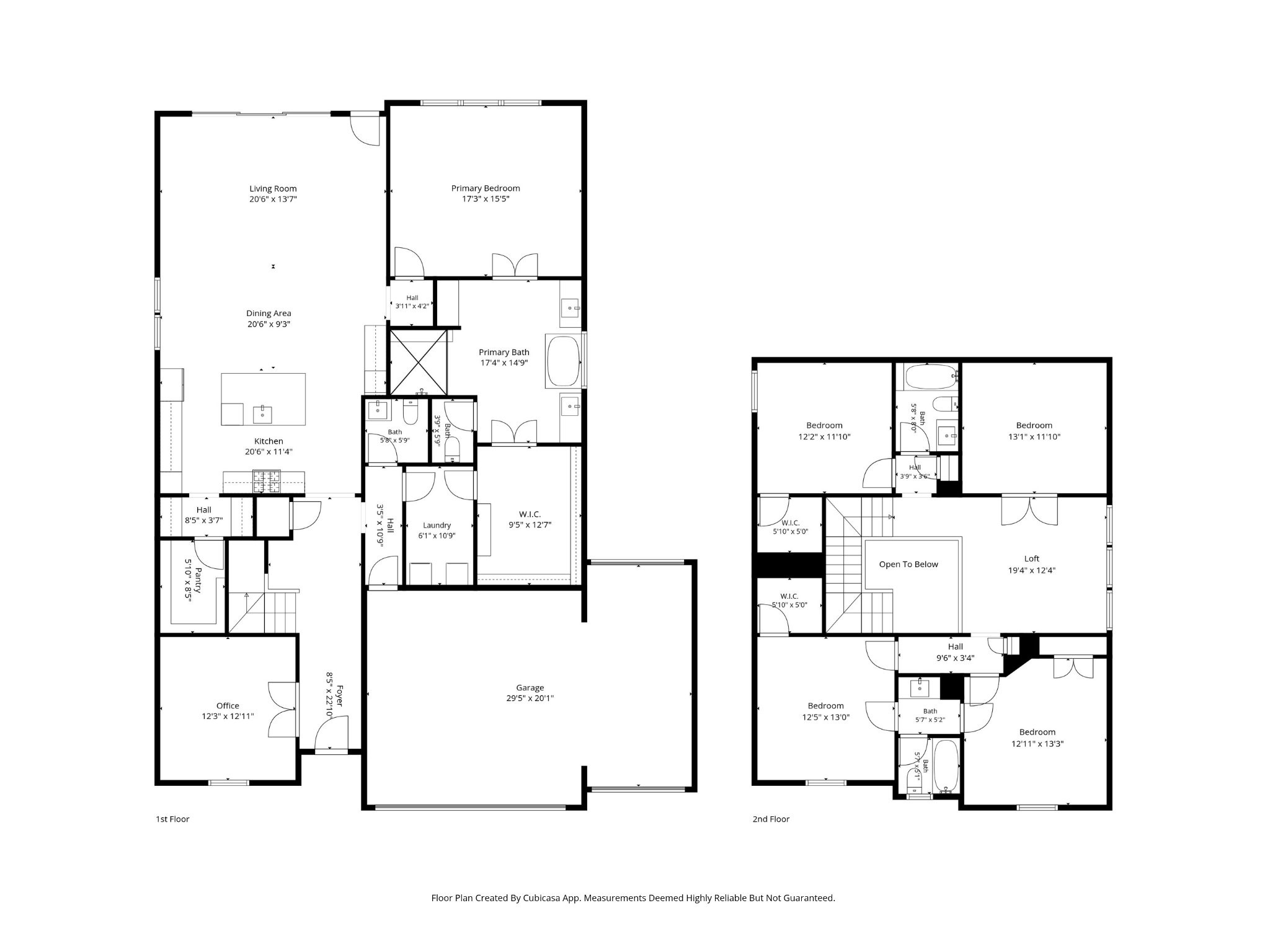 The layout puts the primary suite, a private study, and an open kitchen, dining, and living area on the first floor. Upstairs are a loft-style game room, a media room, and three secondary bedrooms with two full baths.