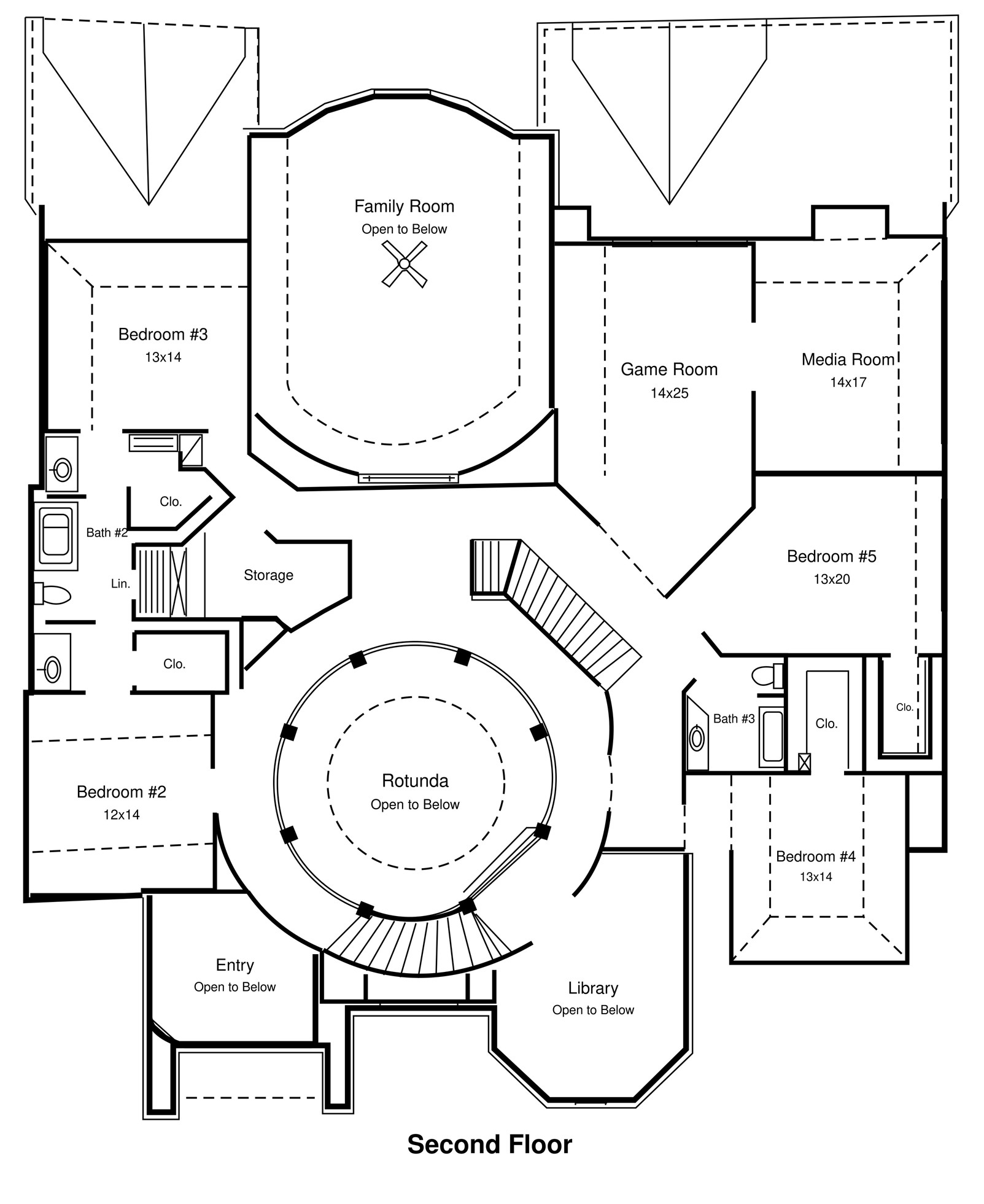 Second floor features 4 bedrooms, 2 bathrooms, game room, and media room.