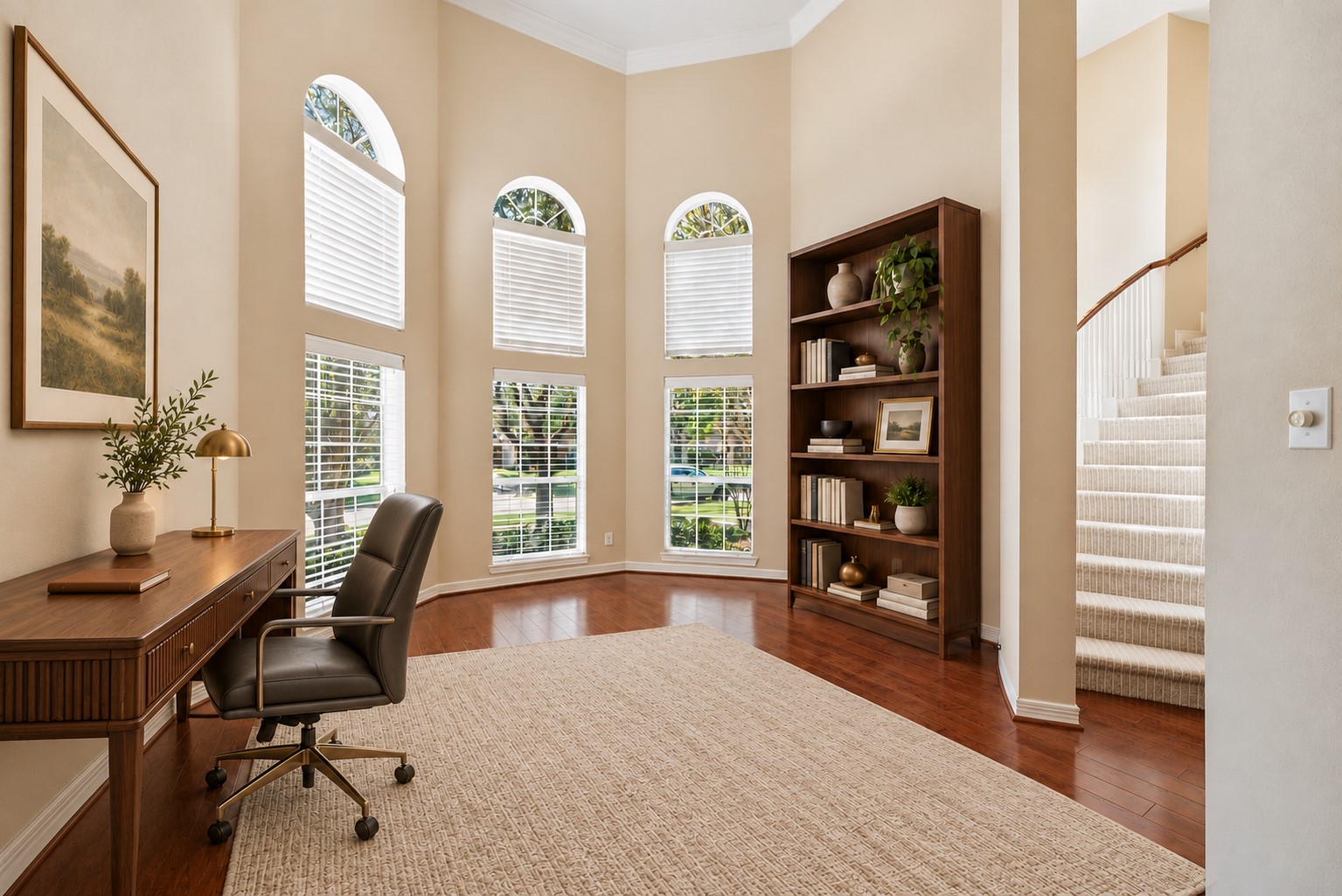 Office with 2-story ceilings and ay window. *Virtually Staged*