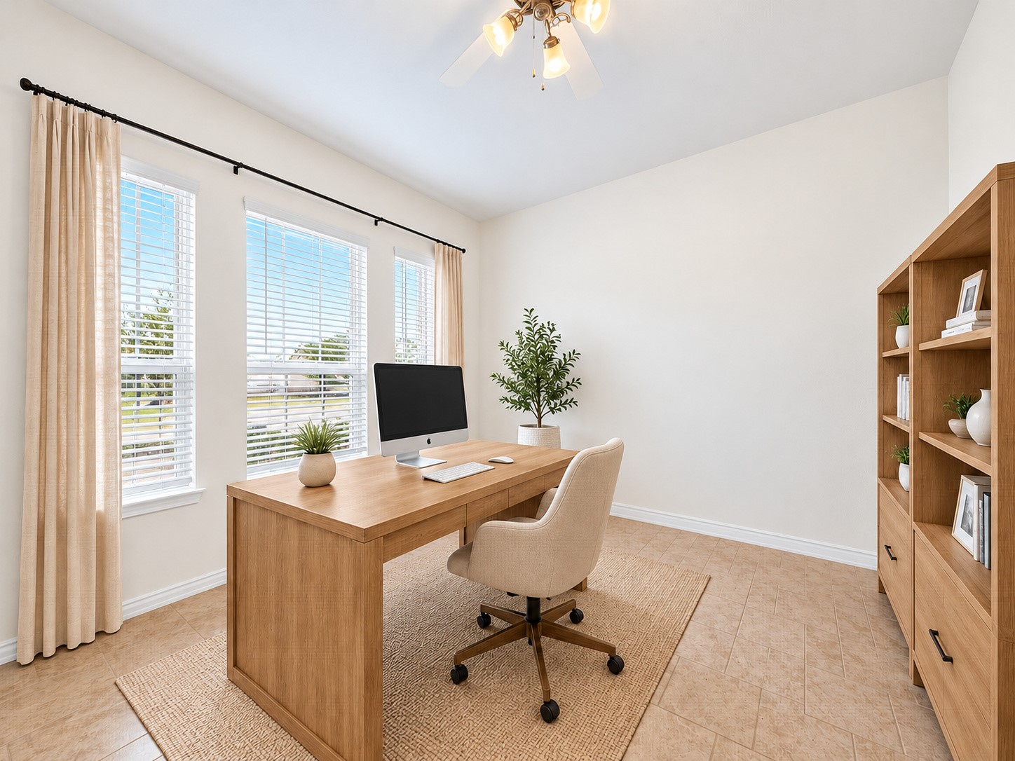 Furnished as a home office, this versatile room features large windows and a ceiling fan. (Virtually staged)