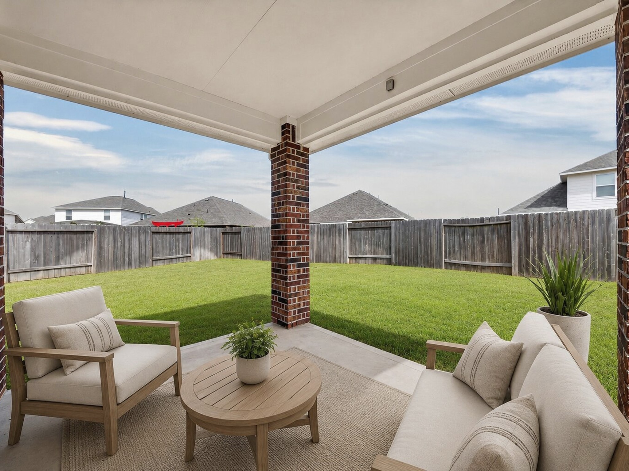Covered rear patio overlooks the fenced backyard, offering shaded space for outdoor seating. (Virtually staged)