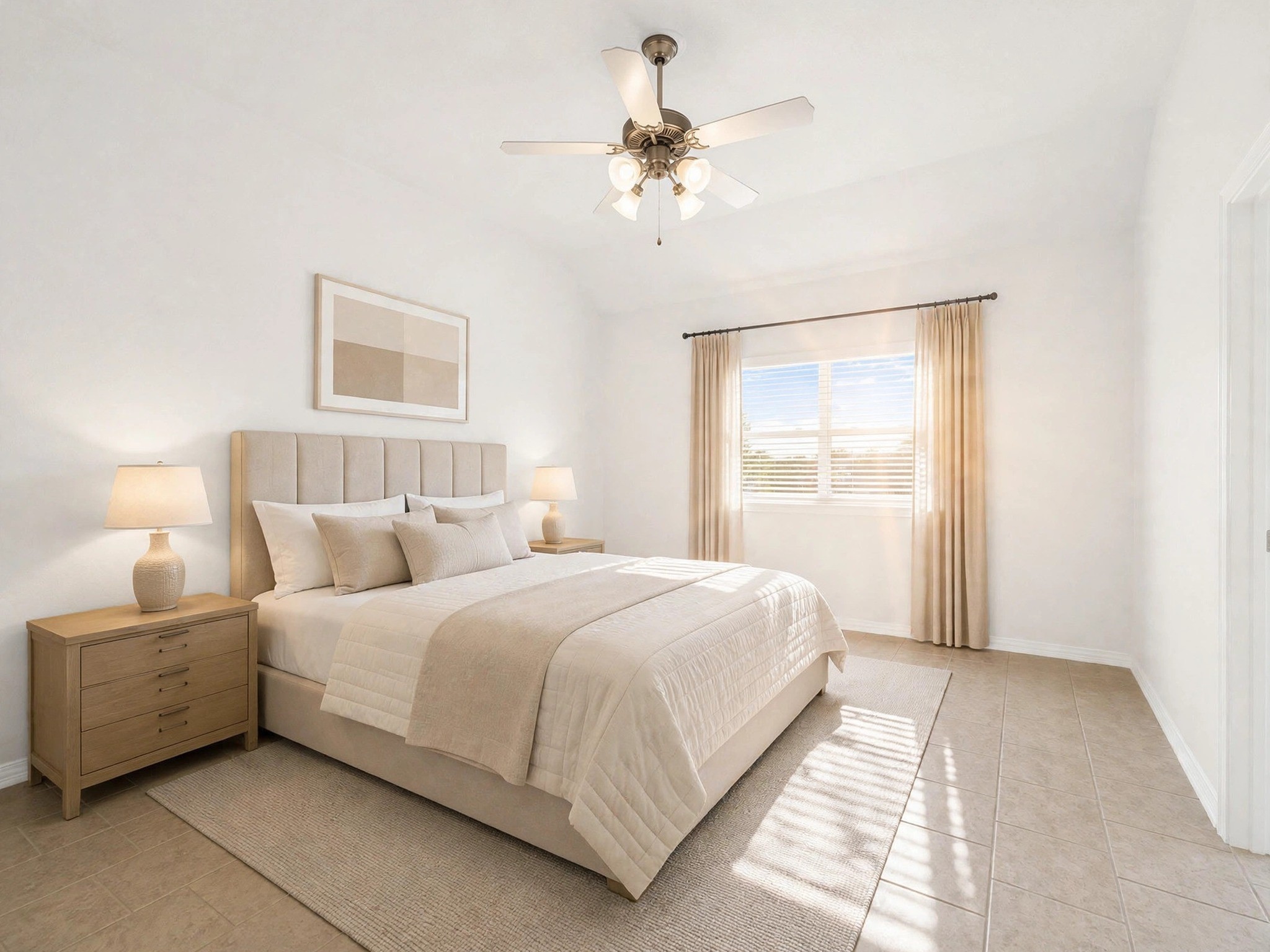An alternate furnished bedroom view highlights the tray ceiling, ceiling fan, and window. (Virtually staged)