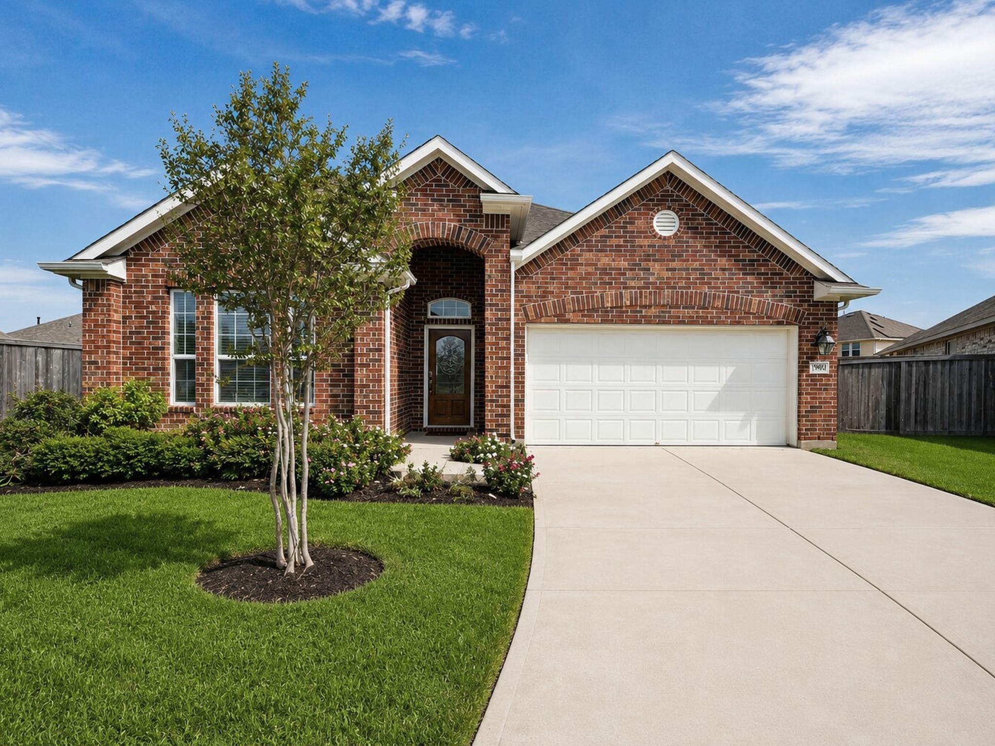 Daytime exterior view showcases the brick faade, landscaped lawn, covered entry, and driveway.