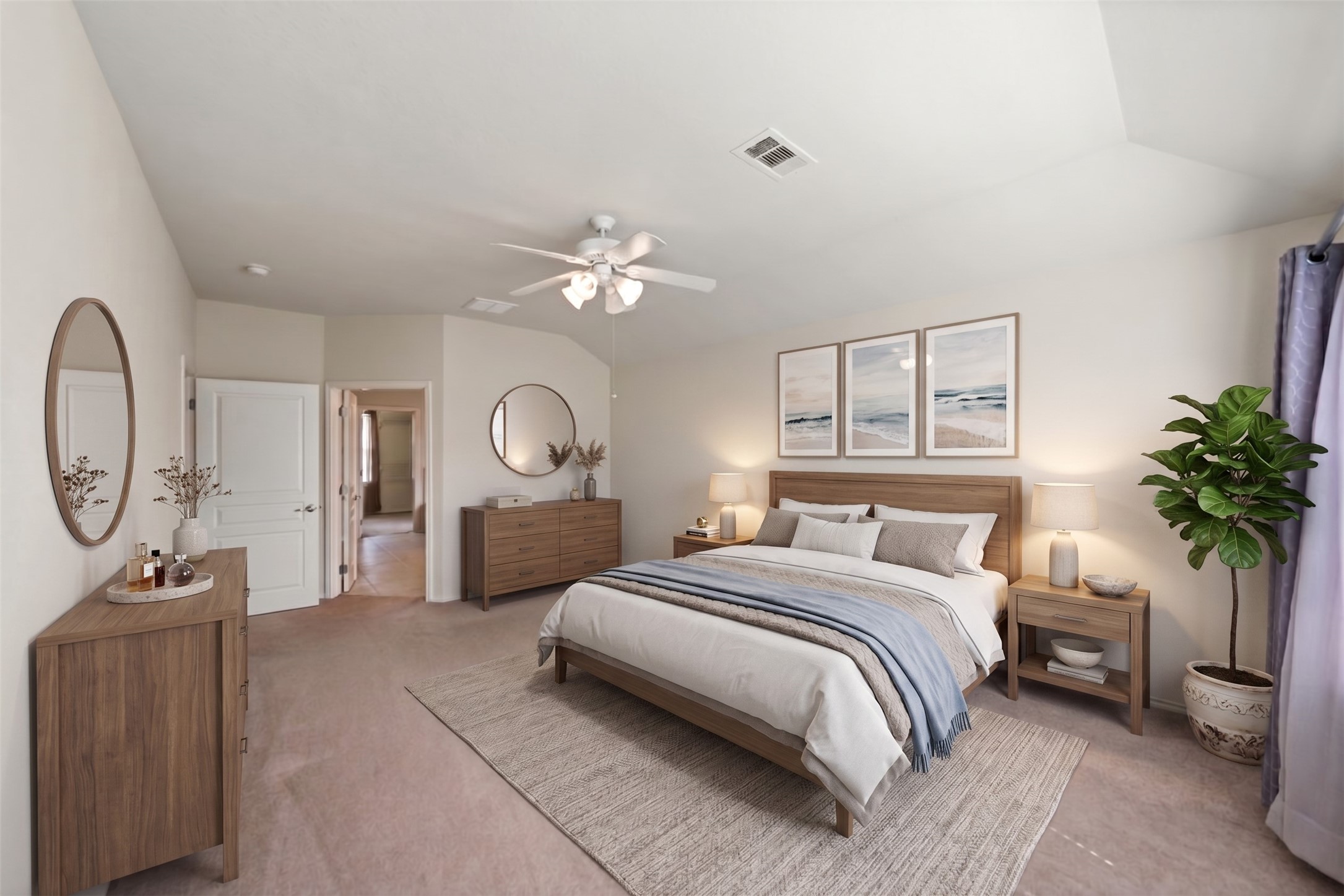 The primary suite is spacious and features an ensuite bath and walk in closet.  Virtually staged photo.