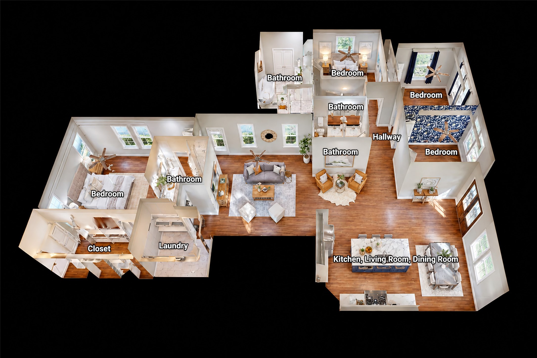 This dollhouse view shows how beautifully the home comes together! Four bedrooms, three full bathrooms, spacious living areas and an open island kitchen create a comfortable, easy-flowing layout. Two primary suites, each with a private ensuite, plus two additional bedrooms and a full hall bath offer wonderful flexibility for family and guests.