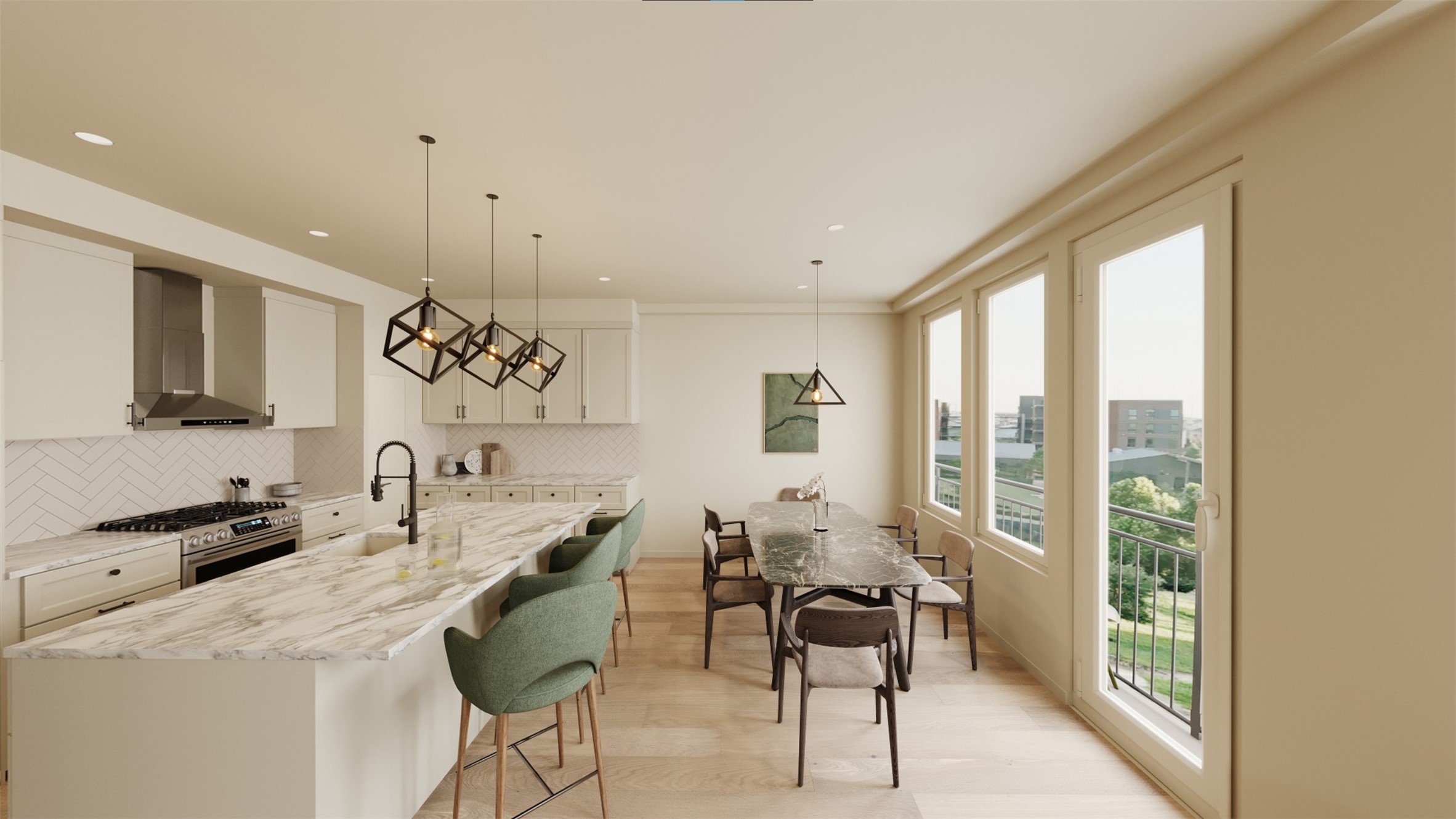 (Example of finishes) The stunning second-floor kitchen and dining area features elegant quartz countertops, sleek cabinetry, modern lighting, and expansive windows offering breathtaking views.